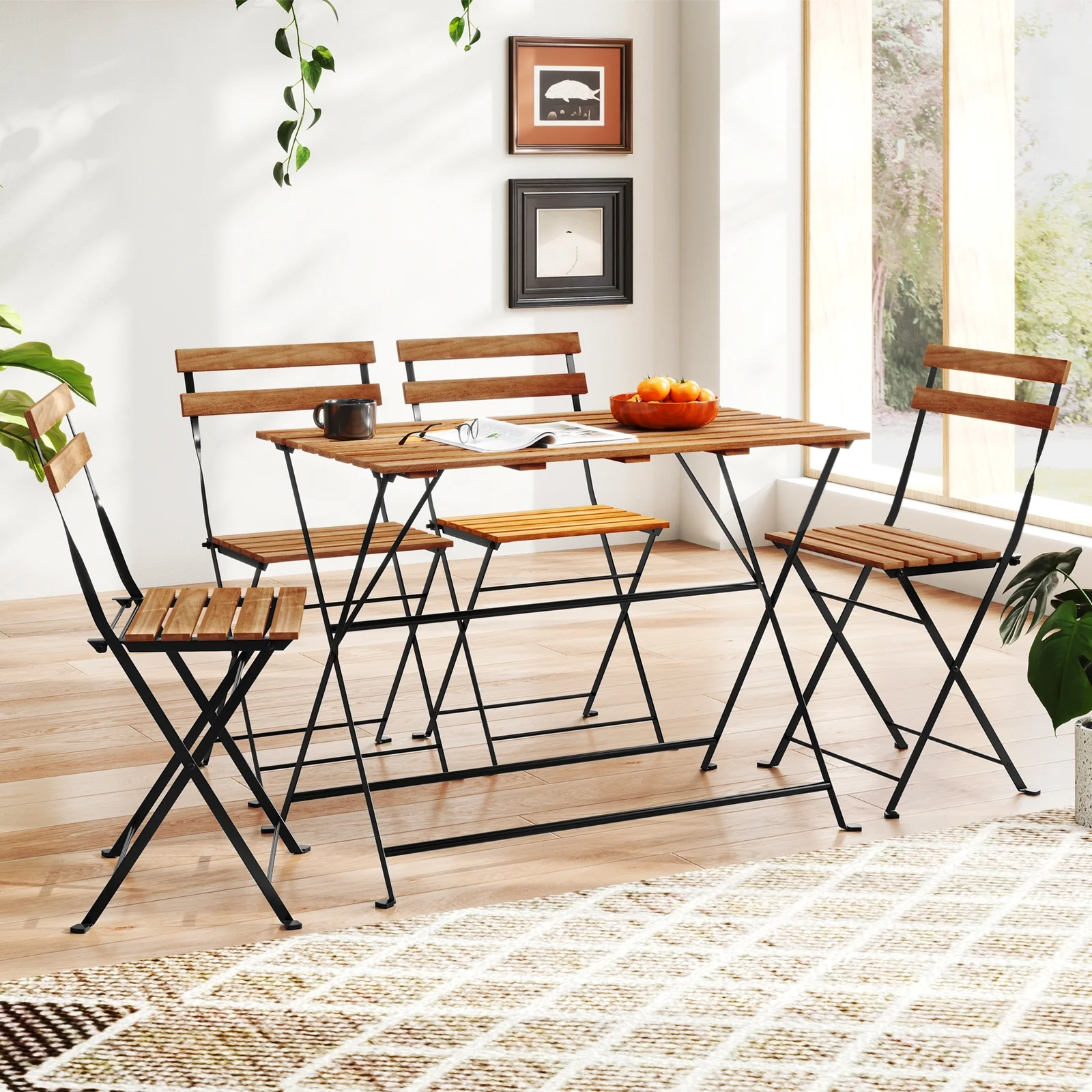 5 Piece Acacia Wood Patio Dining Set, Brown - Image 7