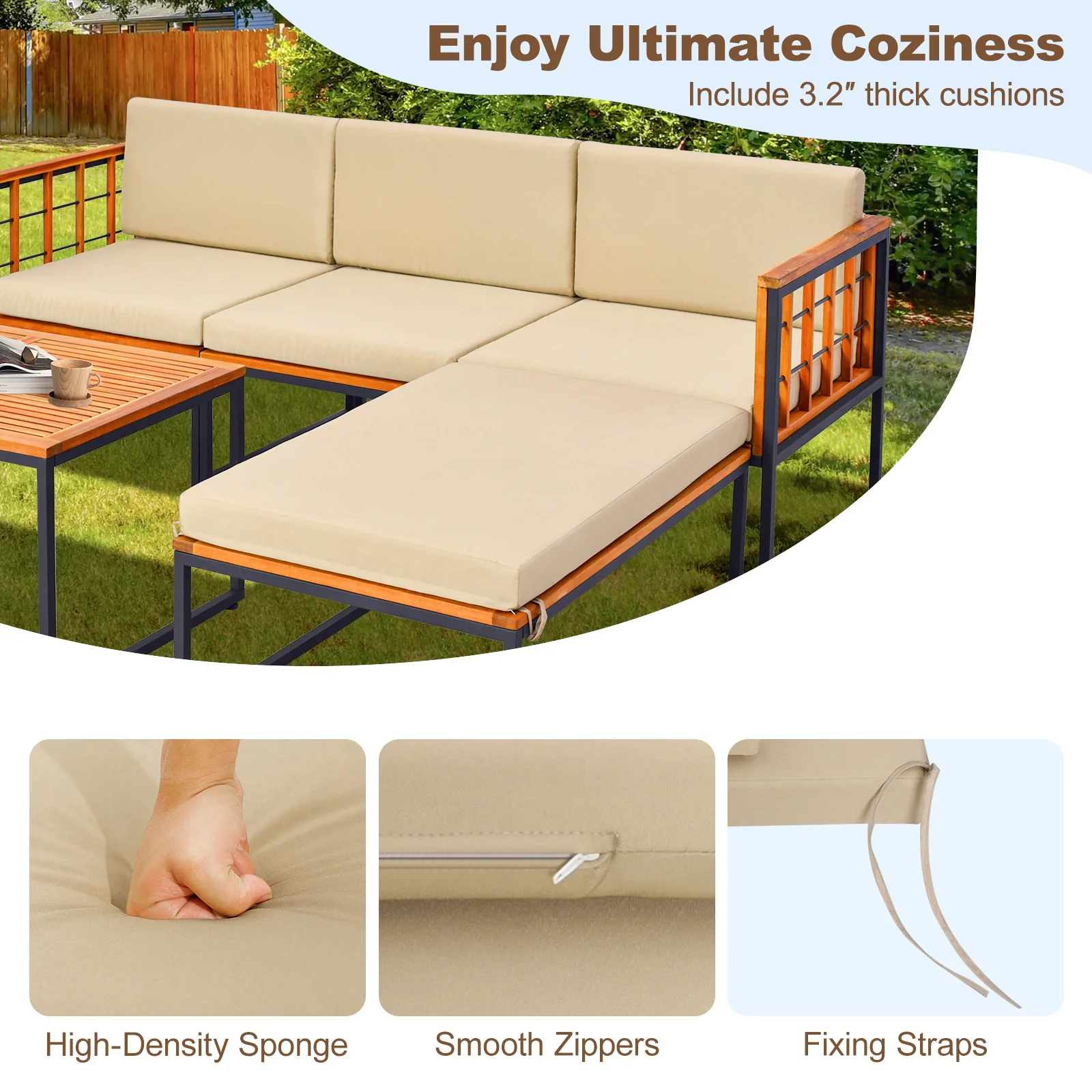 5 Piece Acacia Wood Patio Furniture Set, Heavy Duty Metal Frame, Beige - Image 10