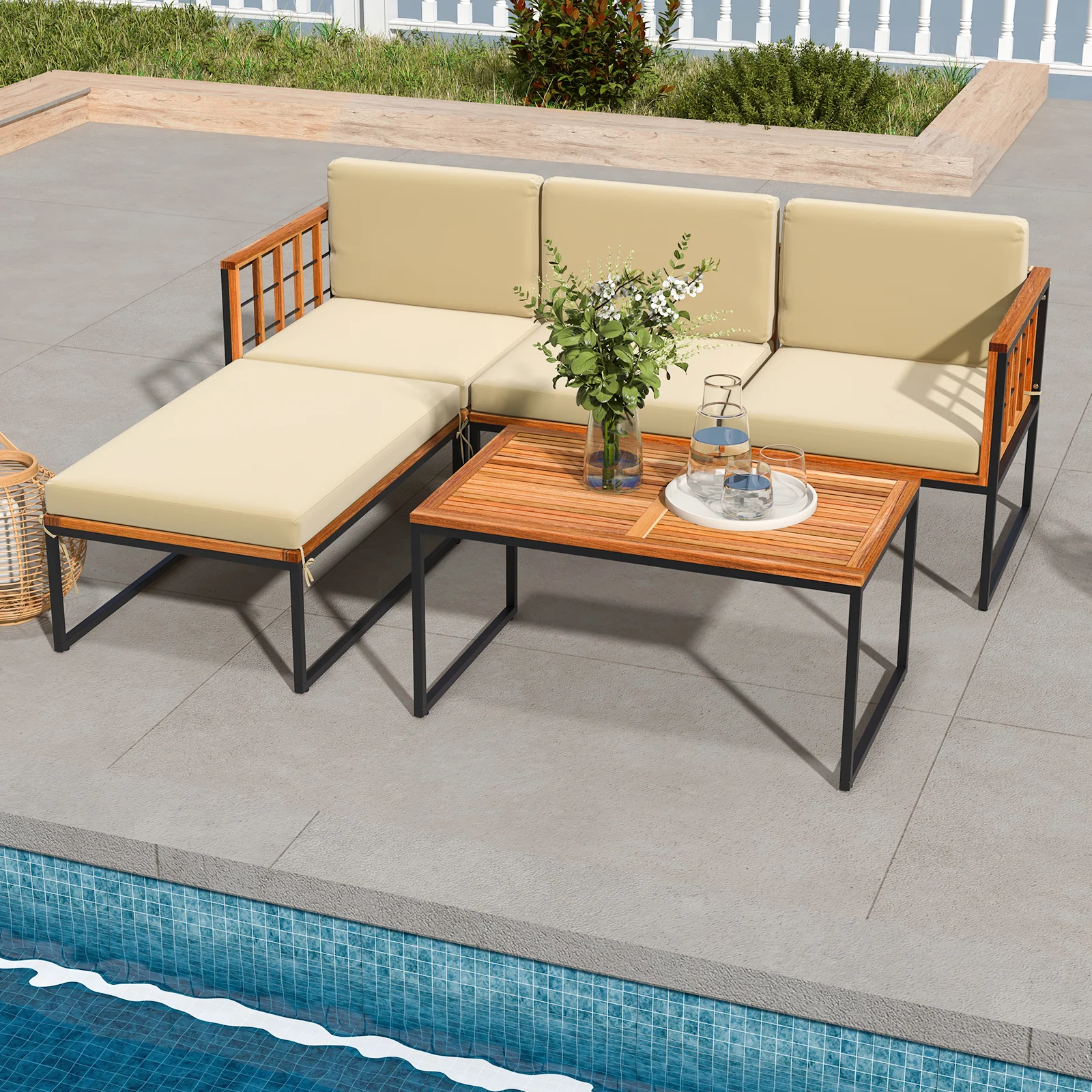 5 Piece Acacia Wood Patio Furniture Set, Heavy Duty Metal Frame, Beige - Image 2