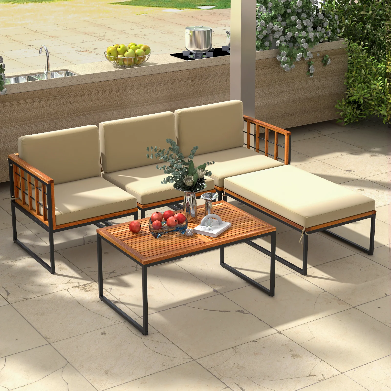 5 Piece Acacia Wood Patio Furniture Set, Heavy Duty Metal Frame, Beige - Image 3