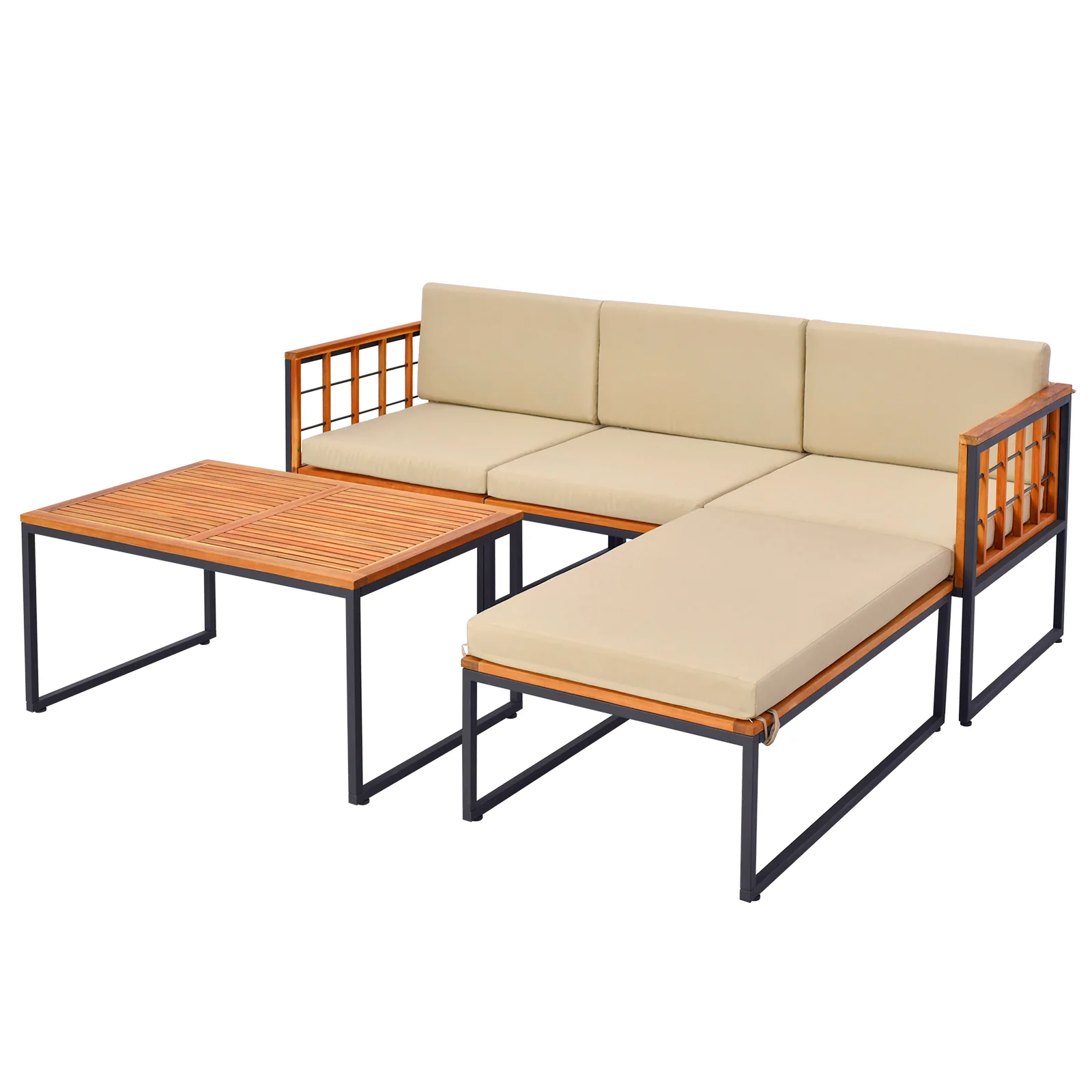 5 Piece Acacia Wood Patio Furniture Set, Heavy Duty Metal Frame, Beige - Image 4