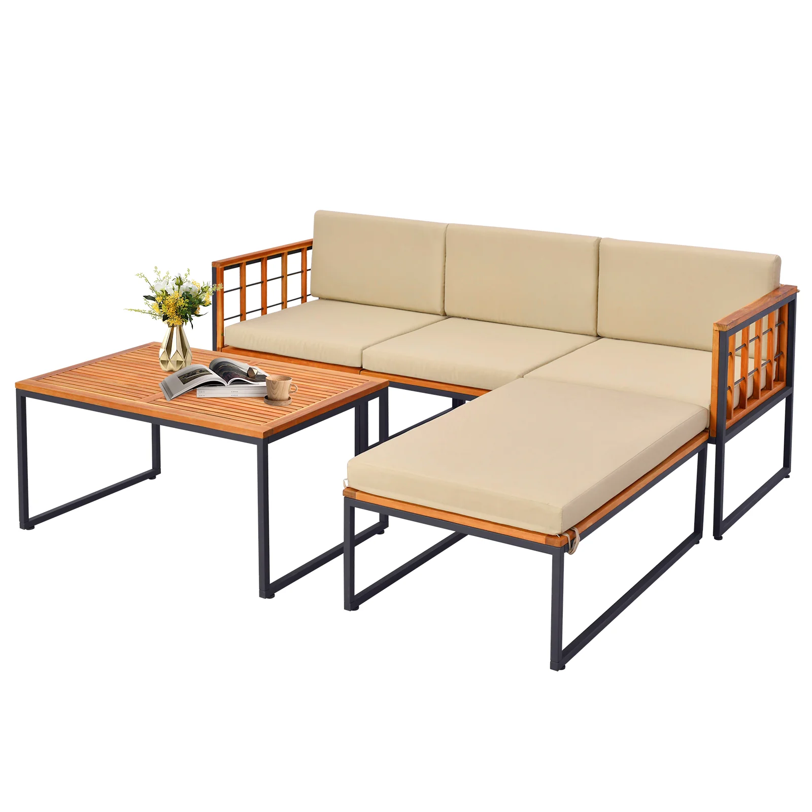 5 Piece Acacia Wood Patio Furniture Set, Heavy Duty Metal Frame, Beige - Image 5