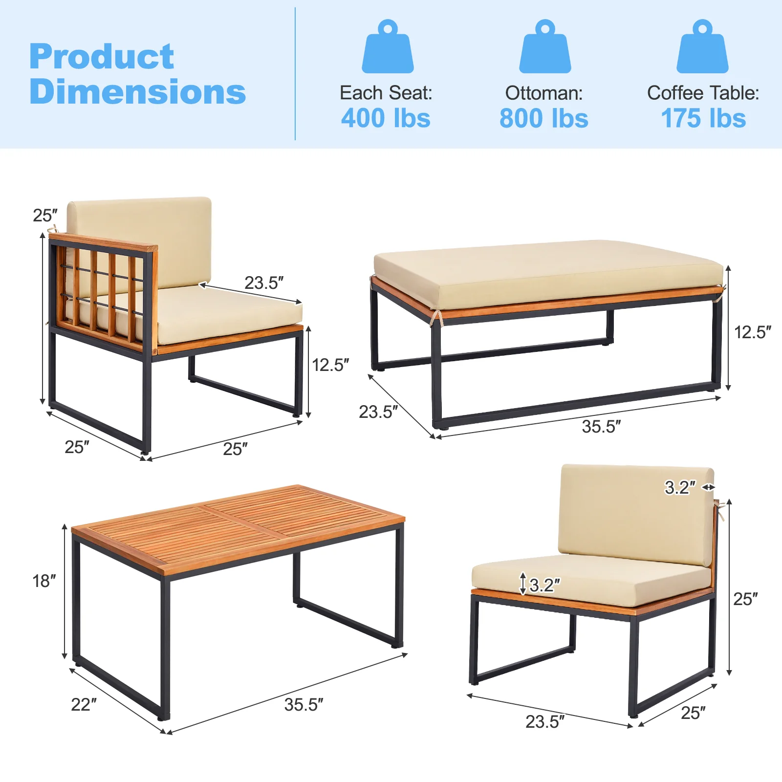 5 Piece Acacia Wood Patio Furniture Set, Heavy Duty Metal Frame, Beige - Image 6