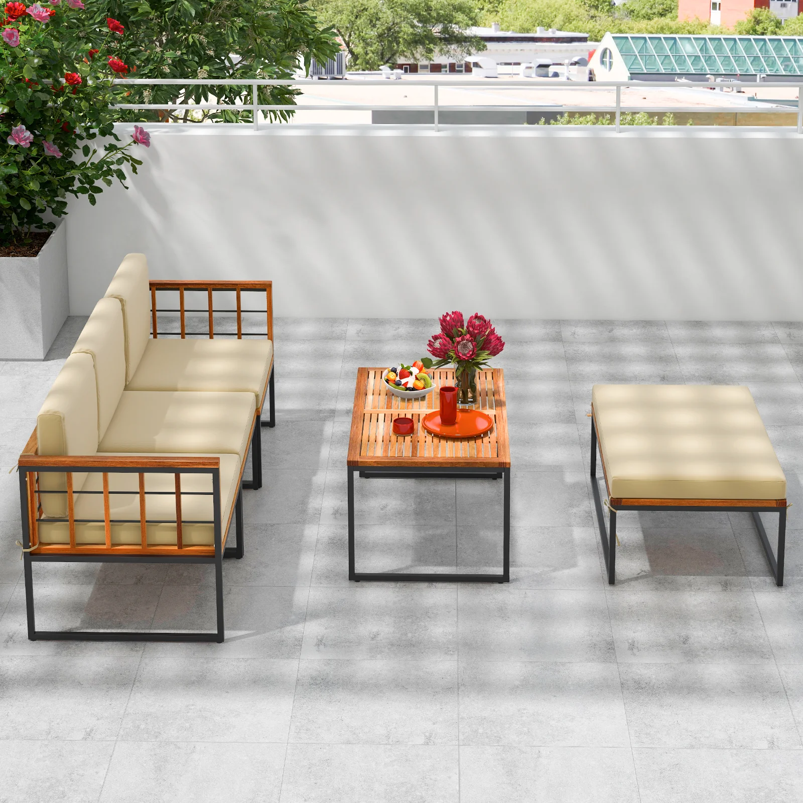5 Piece Acacia Wood Patio Furniture Set, Heavy Duty Metal Frame, Beige - Image 7