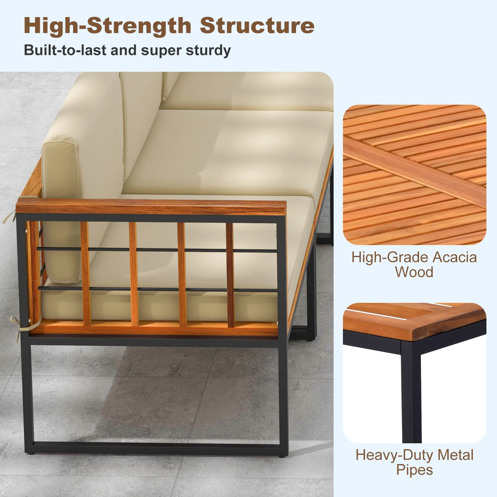 5 Piece Acacia Wood Patio Furniture Set, Heavy Duty Metal Frame, Beige - Image 8