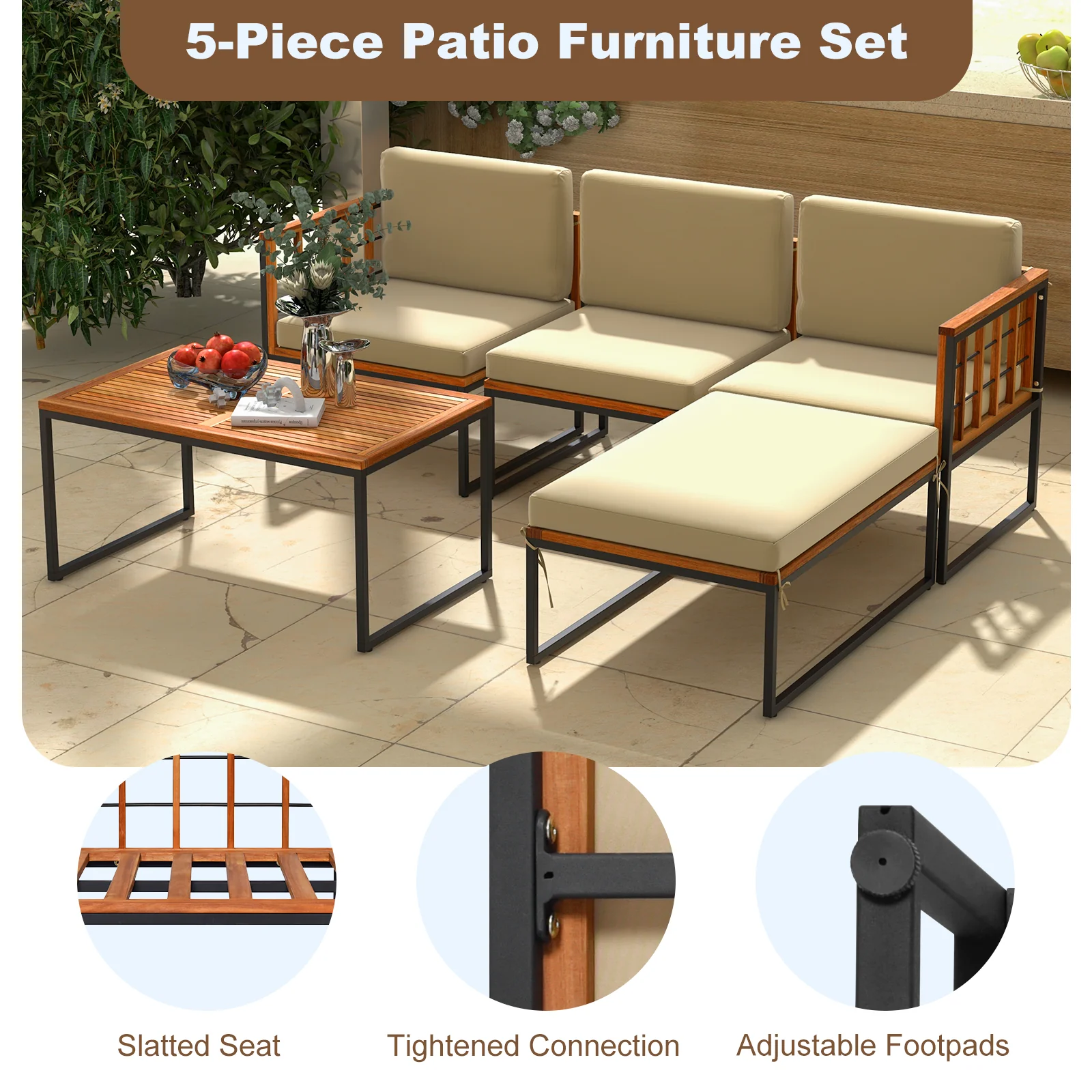 5 Piece Acacia Wood Patio Furniture Set, Heavy Duty Metal Frame, Beige - Image 9