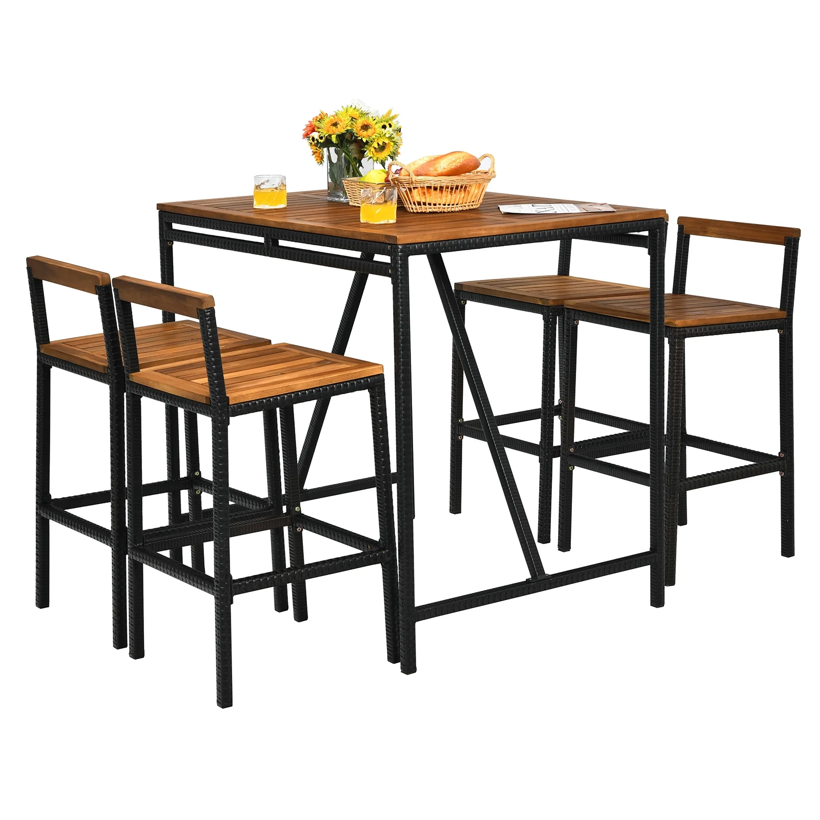 5 Piece Acacia Wood PE Rattan Bar Set, Brown - Image 10