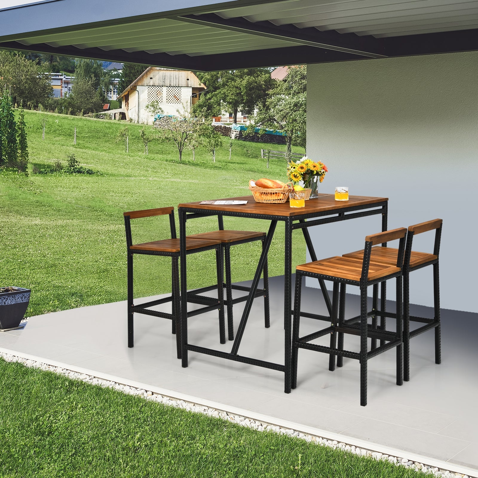 5 Piece Acacia Wood PE Rattan Bar Set, Brown - Image 2