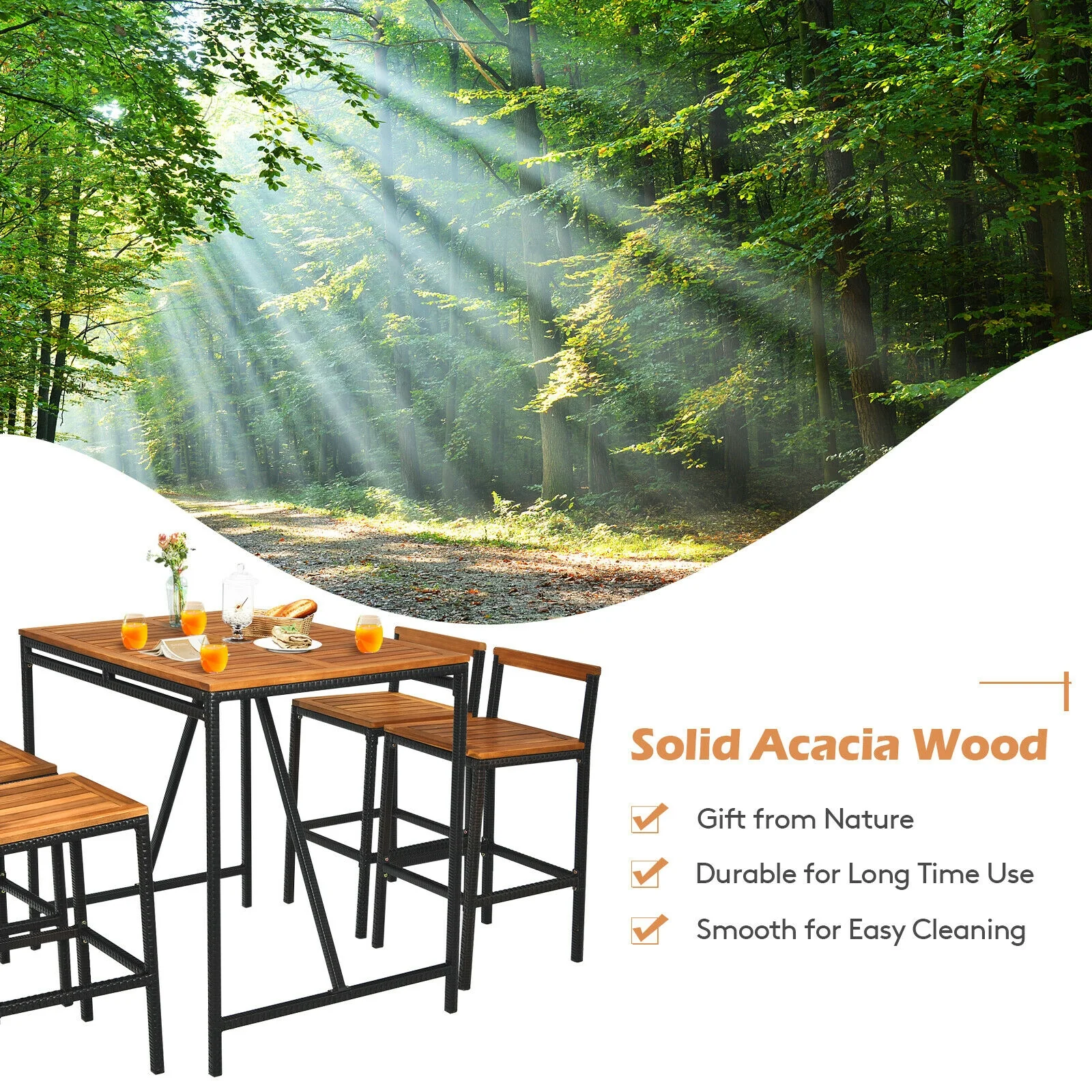 5 Piece Acacia Wood PE Rattan Bar Set, Brown - Image 3