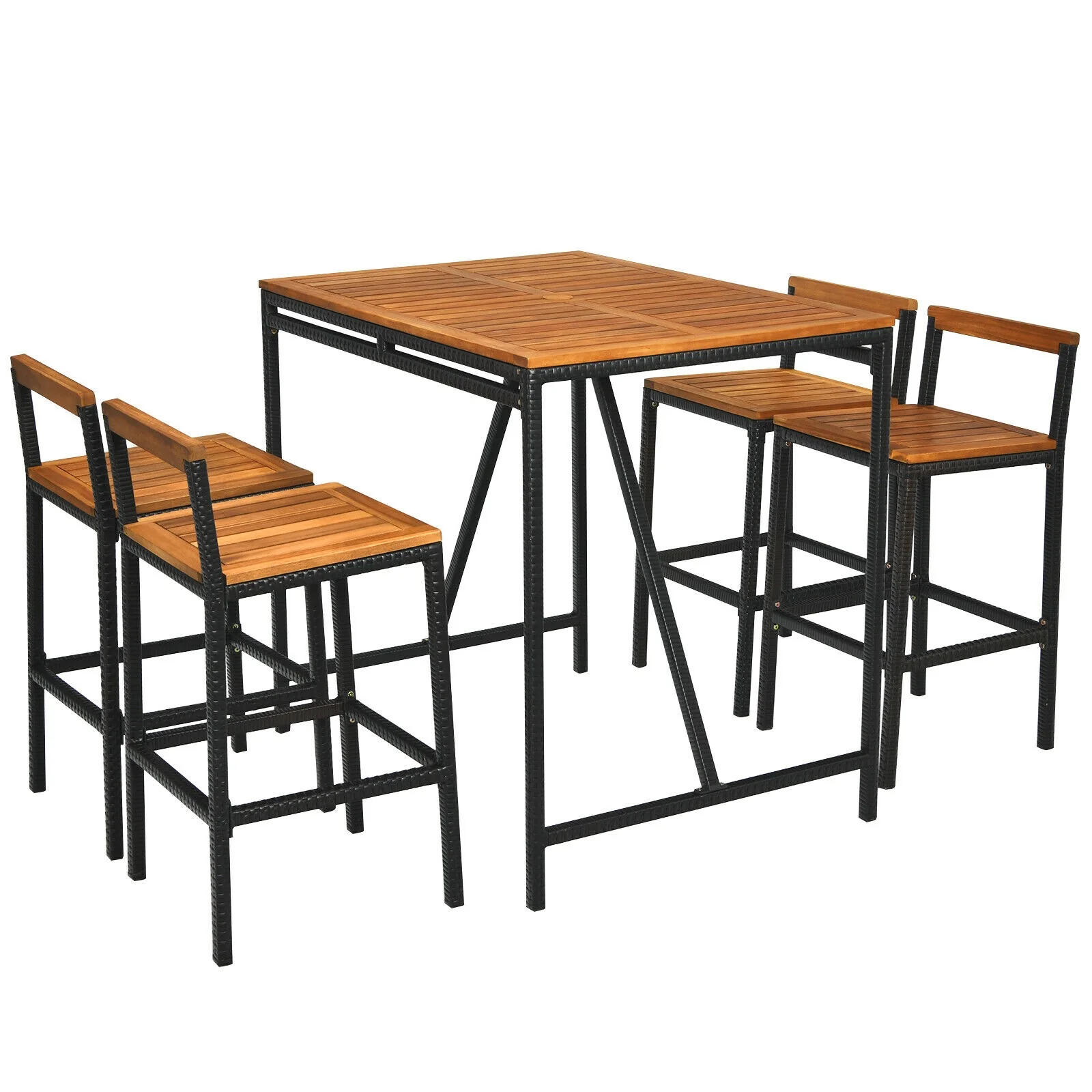 5 Piece Acacia Wood PE Rattan Bar Set, Brown - Image 4