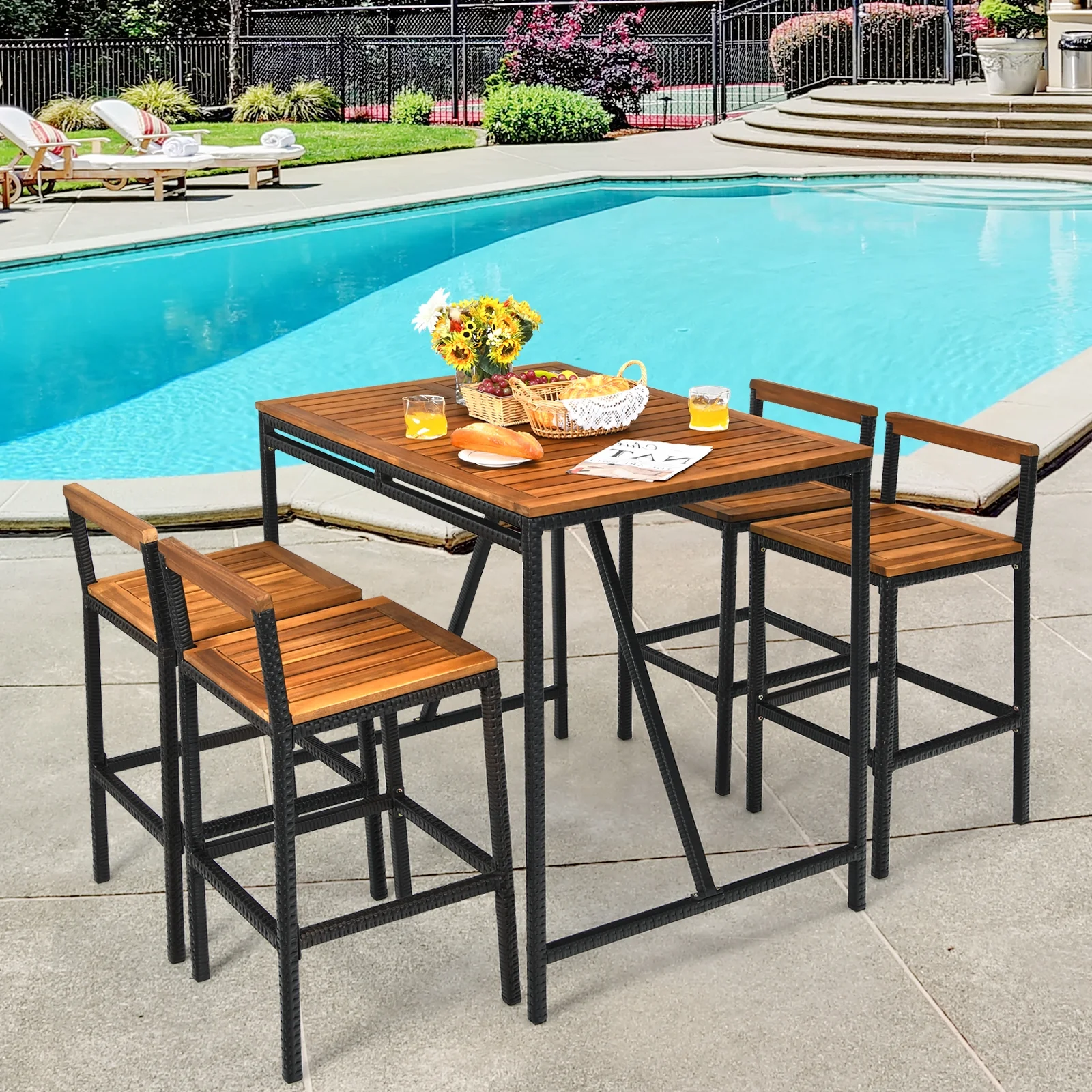 5 Piece Acacia Wood PE Rattan Bar Set, Brown - Image 7
