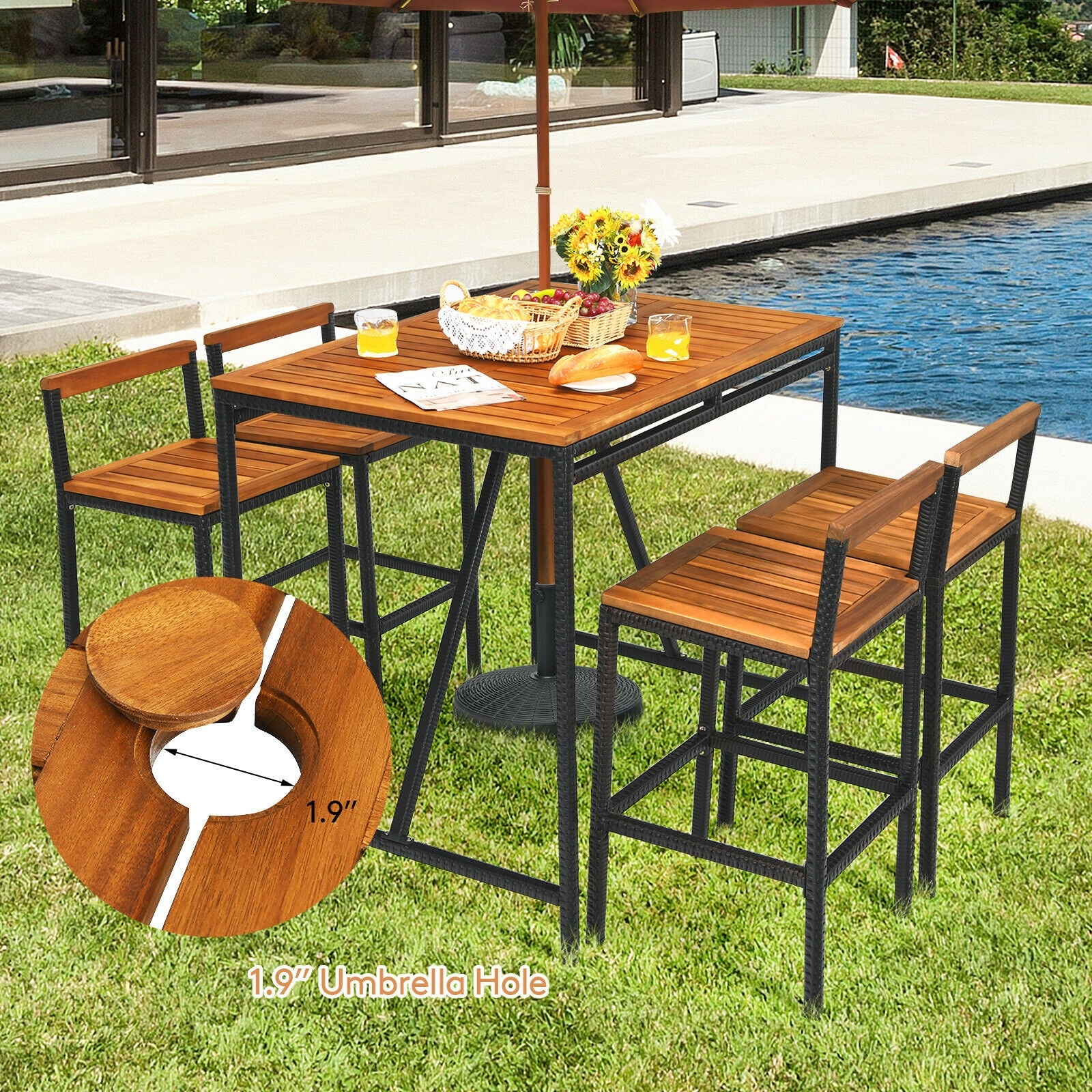 5 Piece Acacia Wood PE Rattan Bar Set, Brown - Image 8