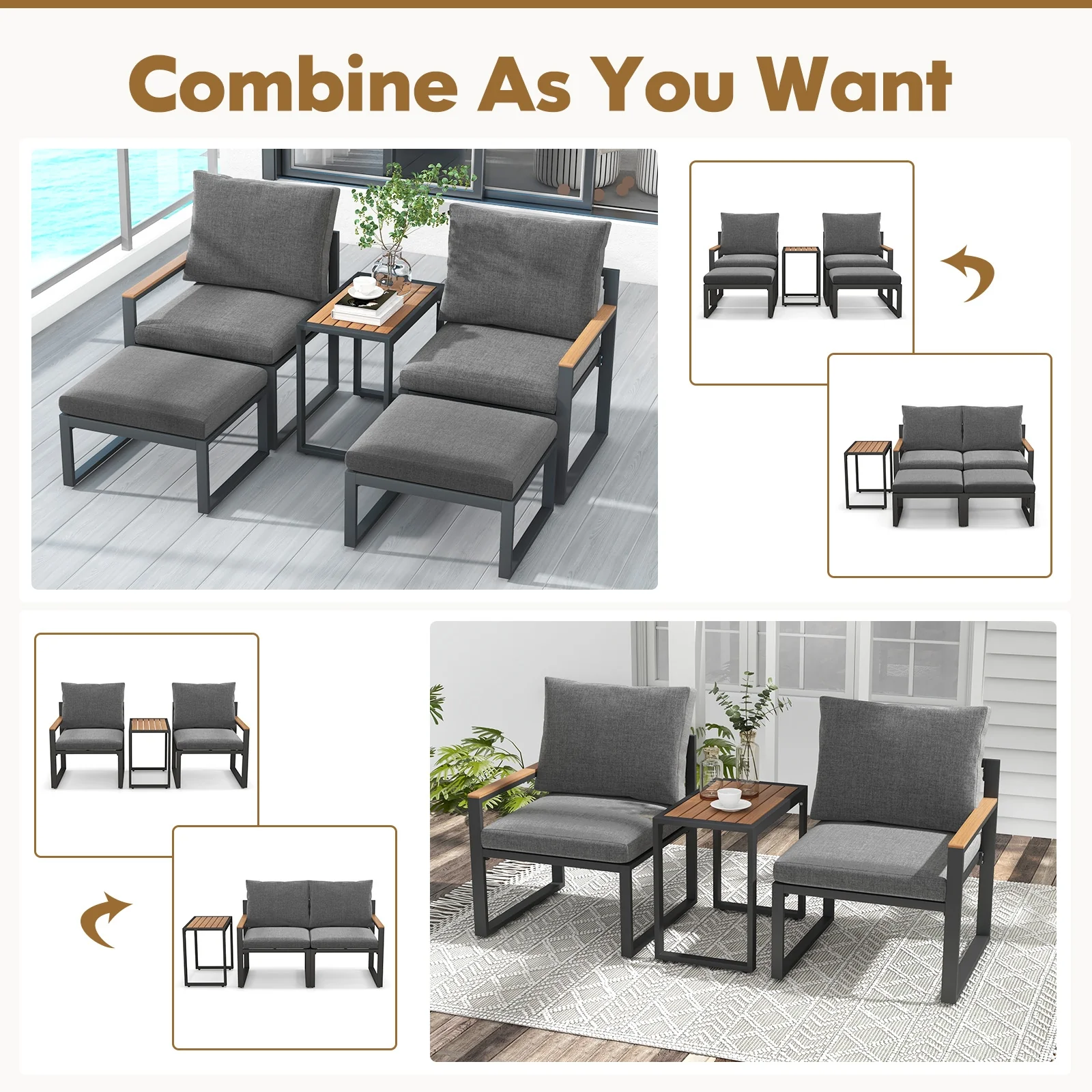 5-Piece Aluminum Frame Outdoor Conversation Set, Gray - Image 10