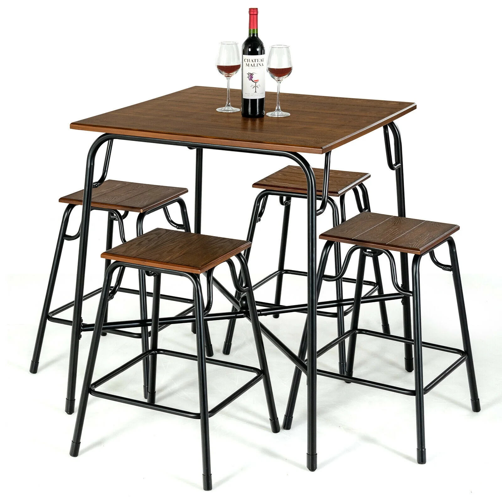 5-Piece Bar Table Set, 4 Counter Height Stools, Rustic Brown - Image 5