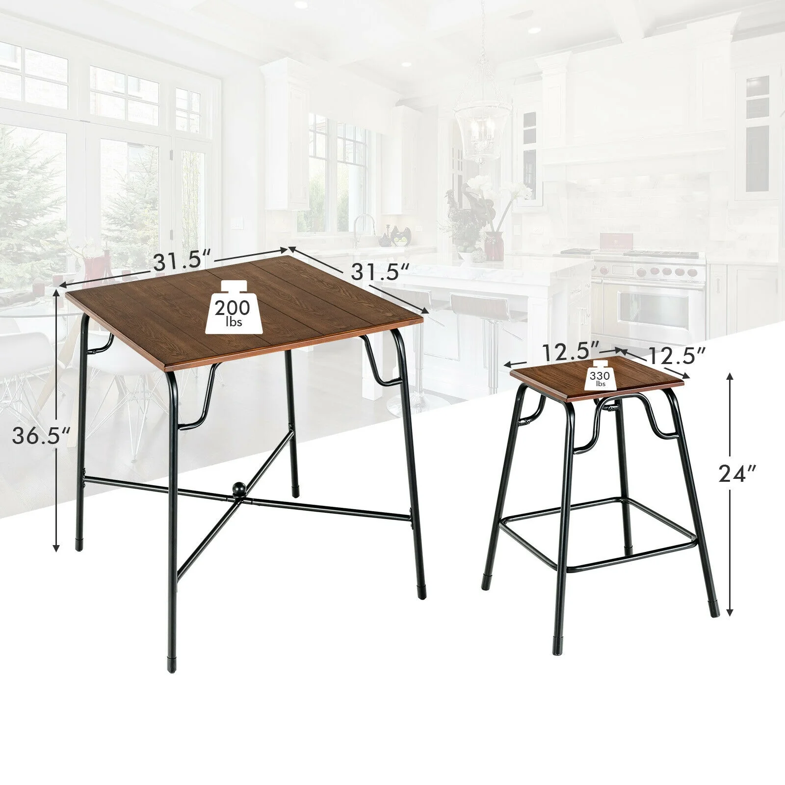 5-Piece Bar Table Set, 4 Counter Height Stools, Rustic Brown - Image 6