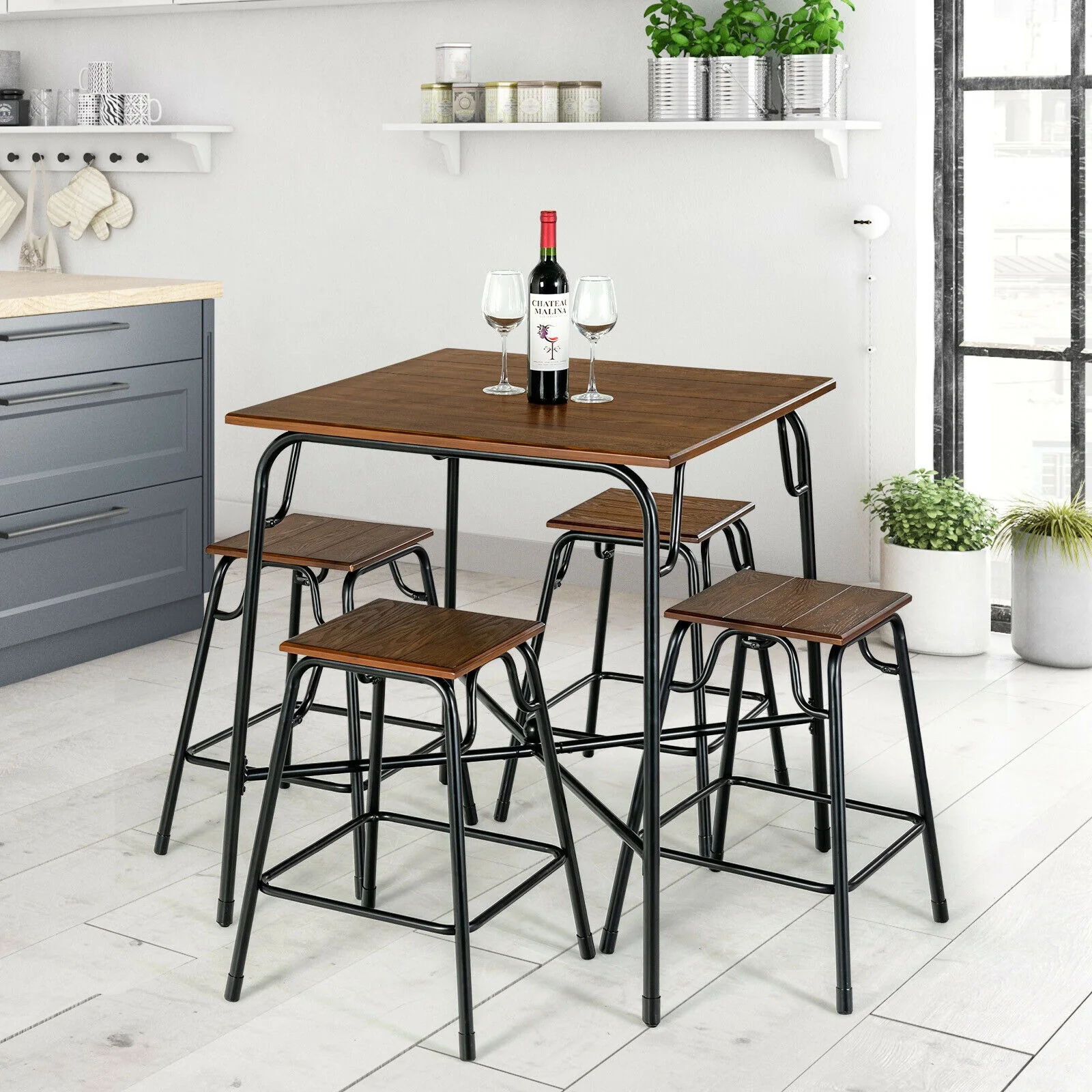 5-Piece Bar Table Set, 4 Counter Height Stools, Rustic Brown - Image 8