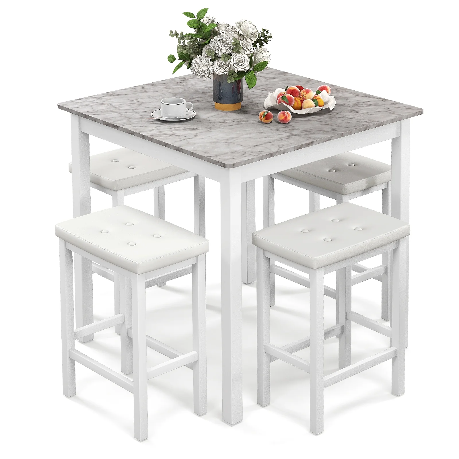 5-Piece Bar Table Set, Counter-Height Dining Table, 4 Bar Stools, White - Image 4