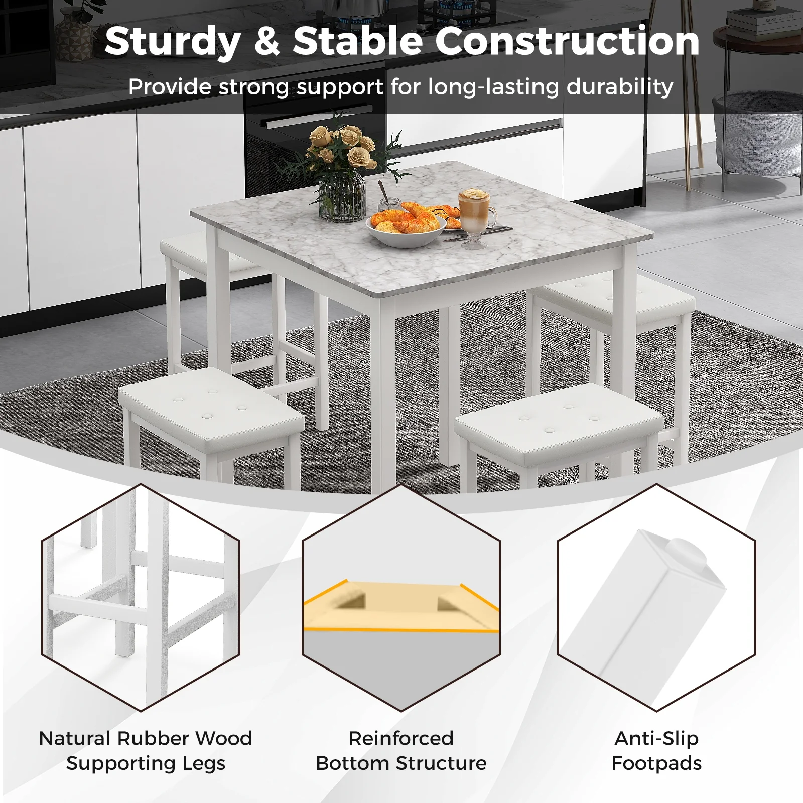 5-Piece Bar Table Set, Counter-Height Dining Table, 4 Bar Stools, White - Image 8