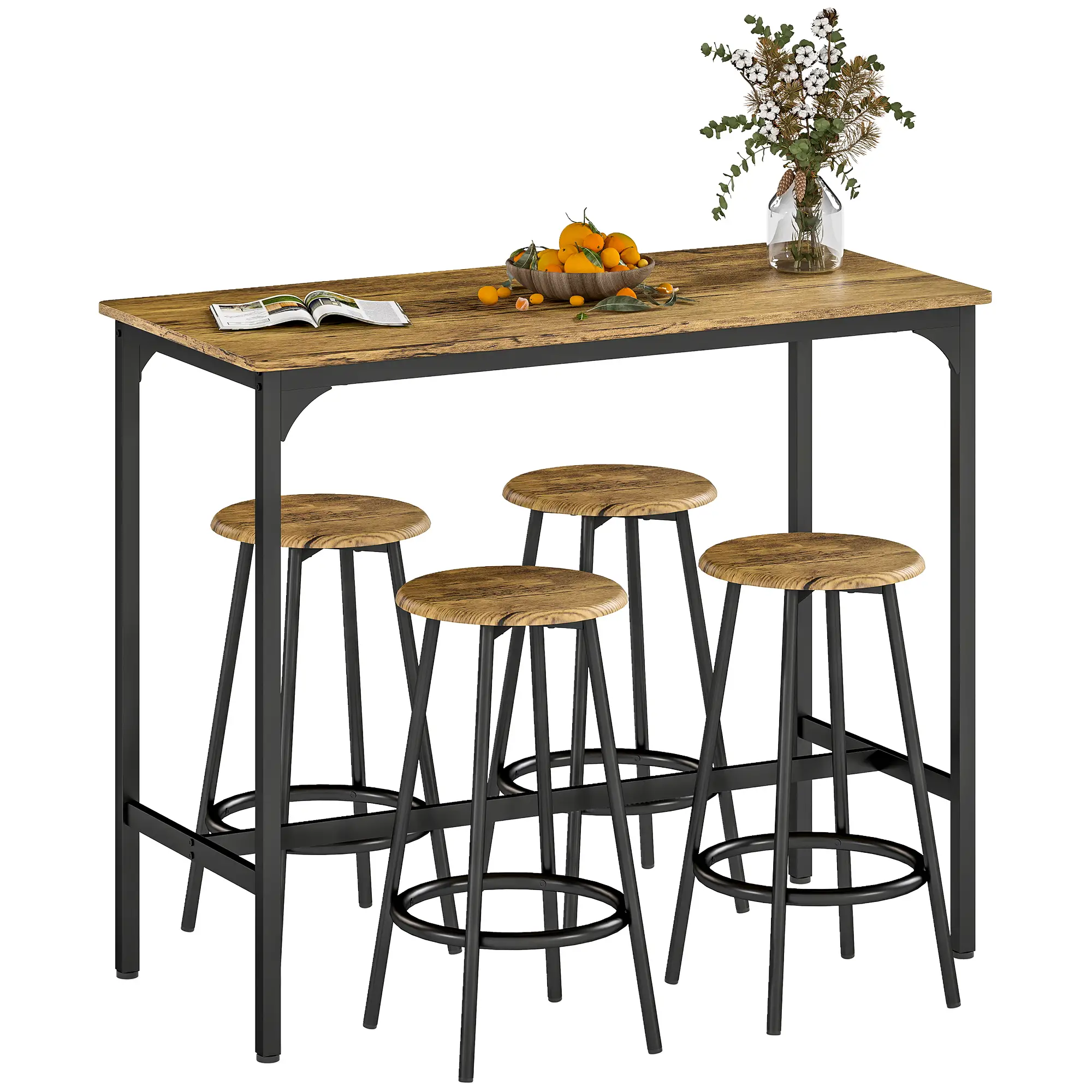 5-Piece Bar Table Set, Industrial Counter Height, Rustic Brown, Brown - Image 11