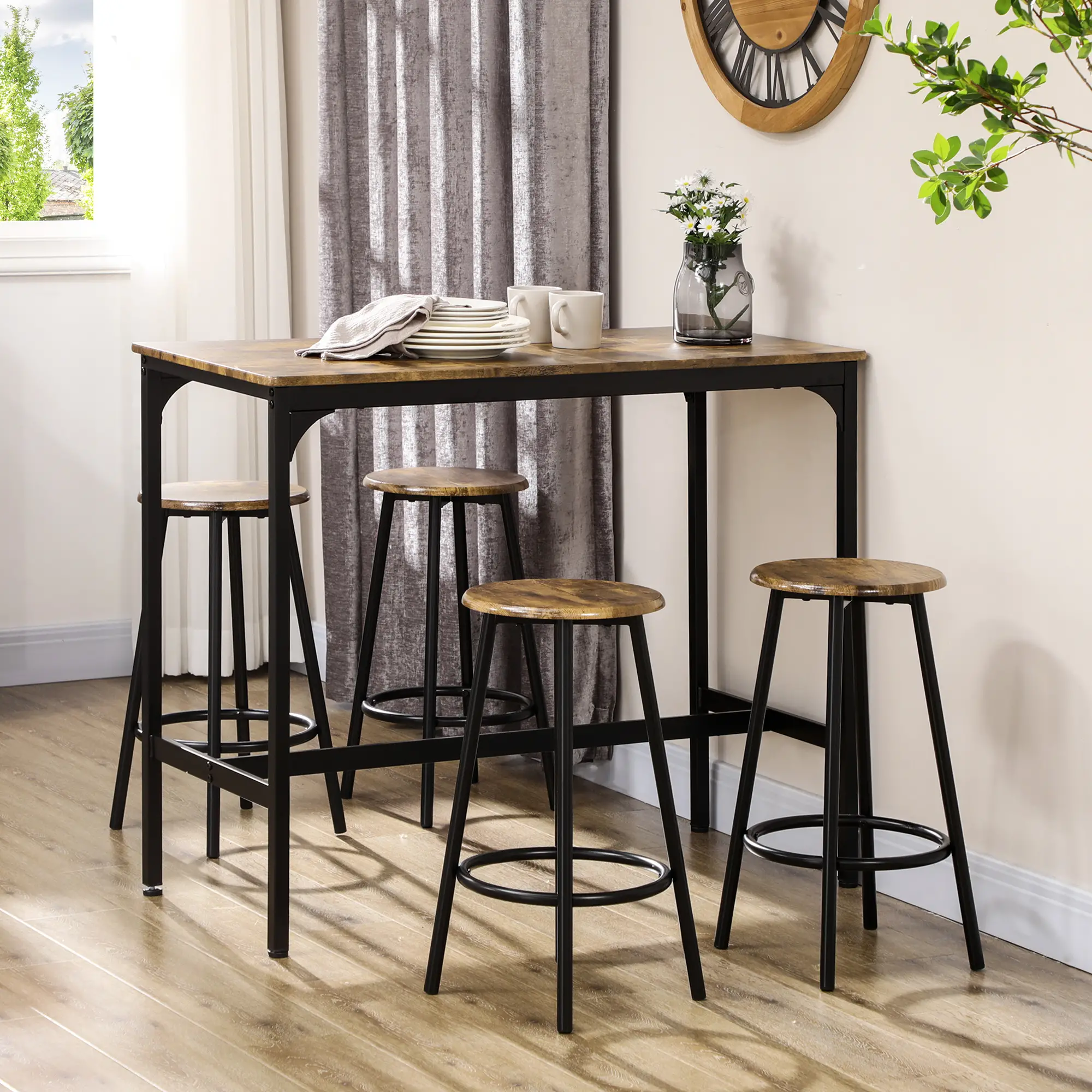 5-Piece Bar Table Set, Industrial Counter Height, Rustic Brown, Brown - Image 2