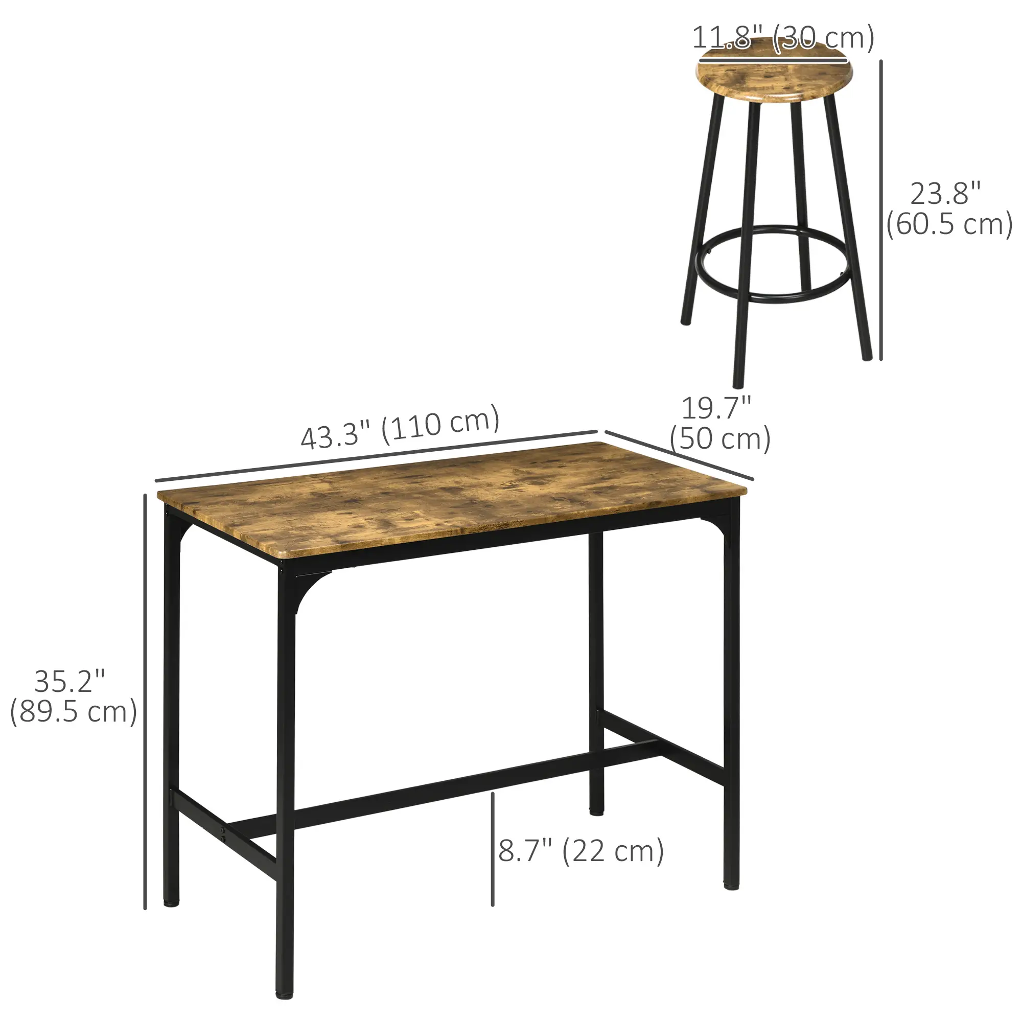 5-Piece Bar Table Set, Industrial Counter Height, Rustic Brown, Brown - Image 3