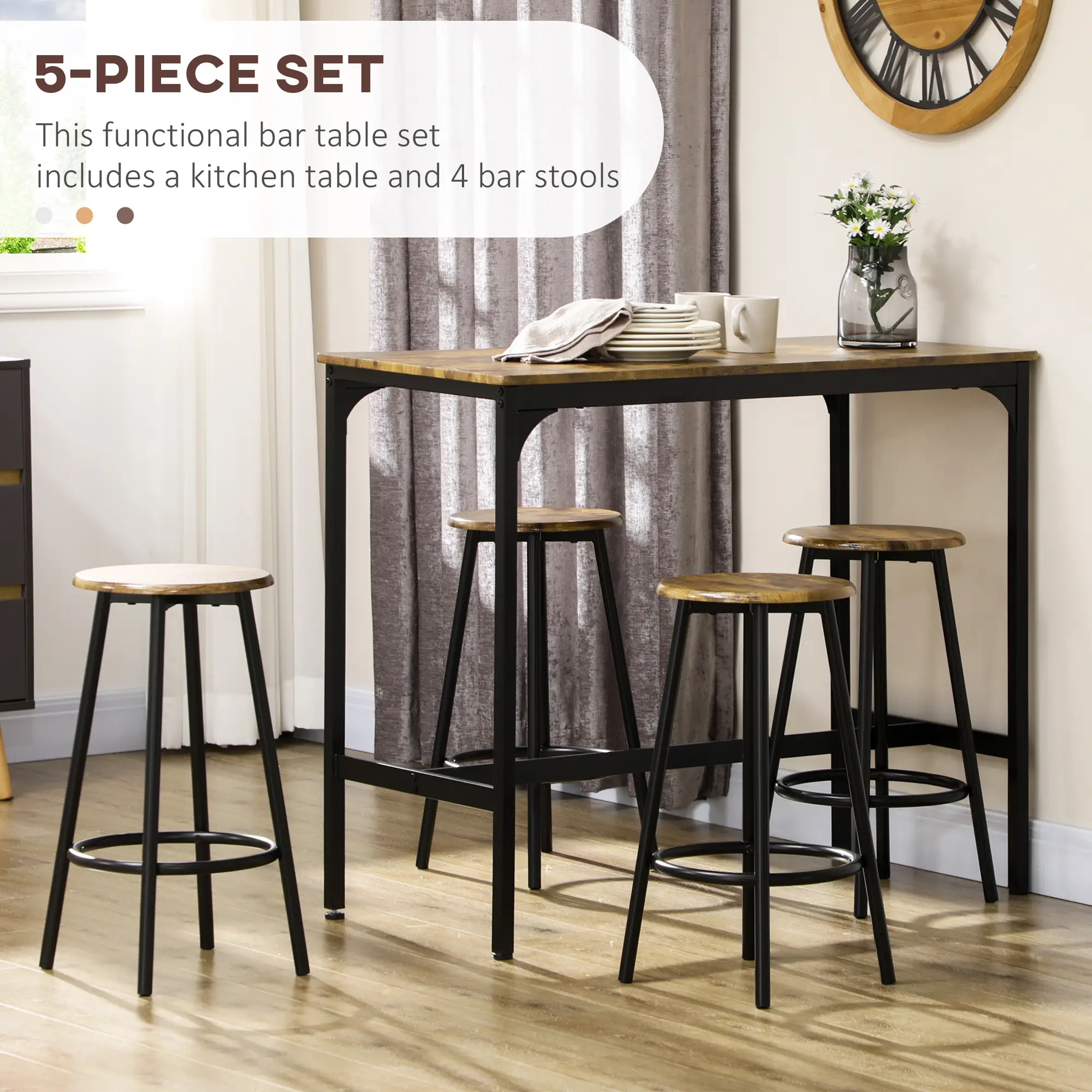 5-Piece Bar Table Set, Industrial Counter Height, Rustic Brown, Brown - Image 4