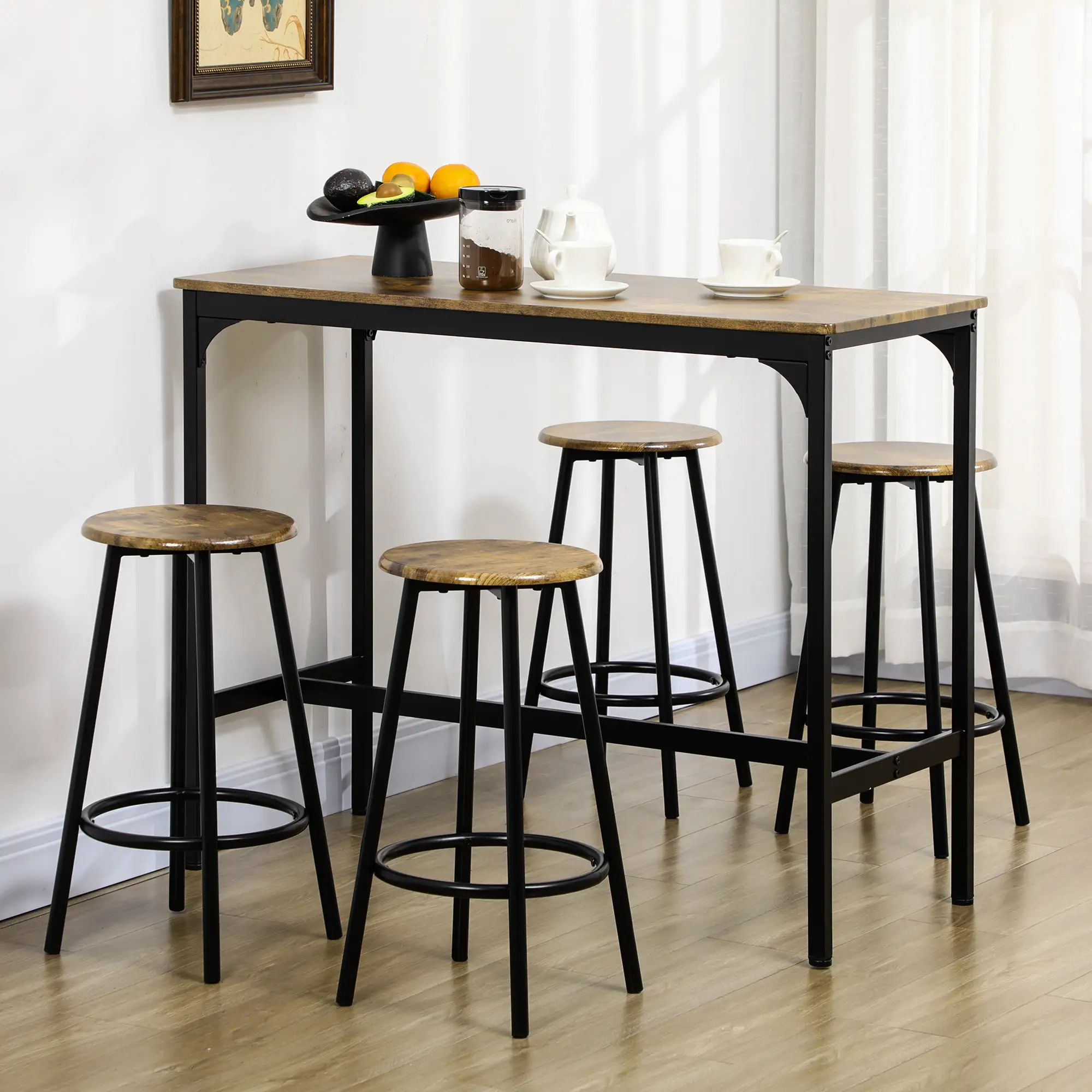 5-Piece Bar Table Set, Industrial Counter Height, Rustic Brown, Brown - Image 8