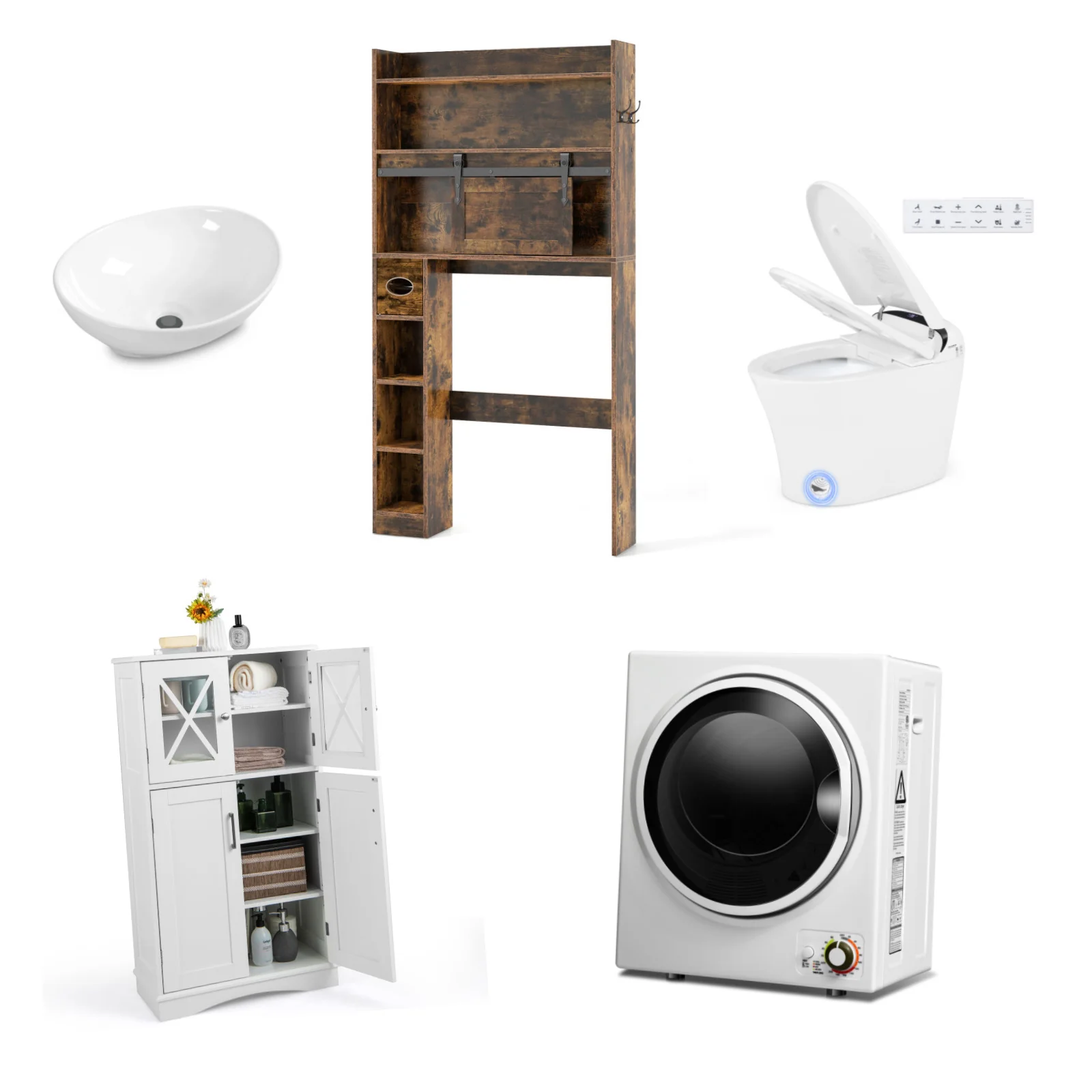 5-Piece Bathroom Suite, Toilet Cabinet, Bidet, Sink, Floor Cabinet, Dryer, White - Image 4