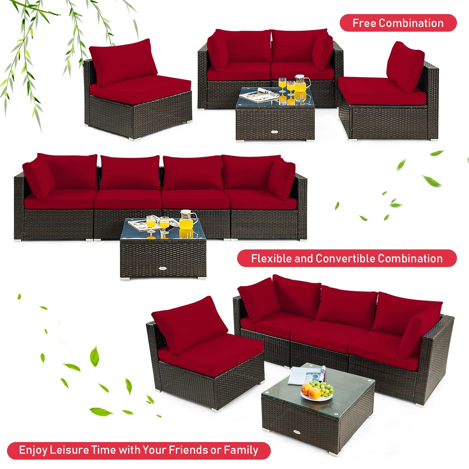 5 Piece Cushioned Patio Rattan Furniture Set, Glass Table, Red - Image 10