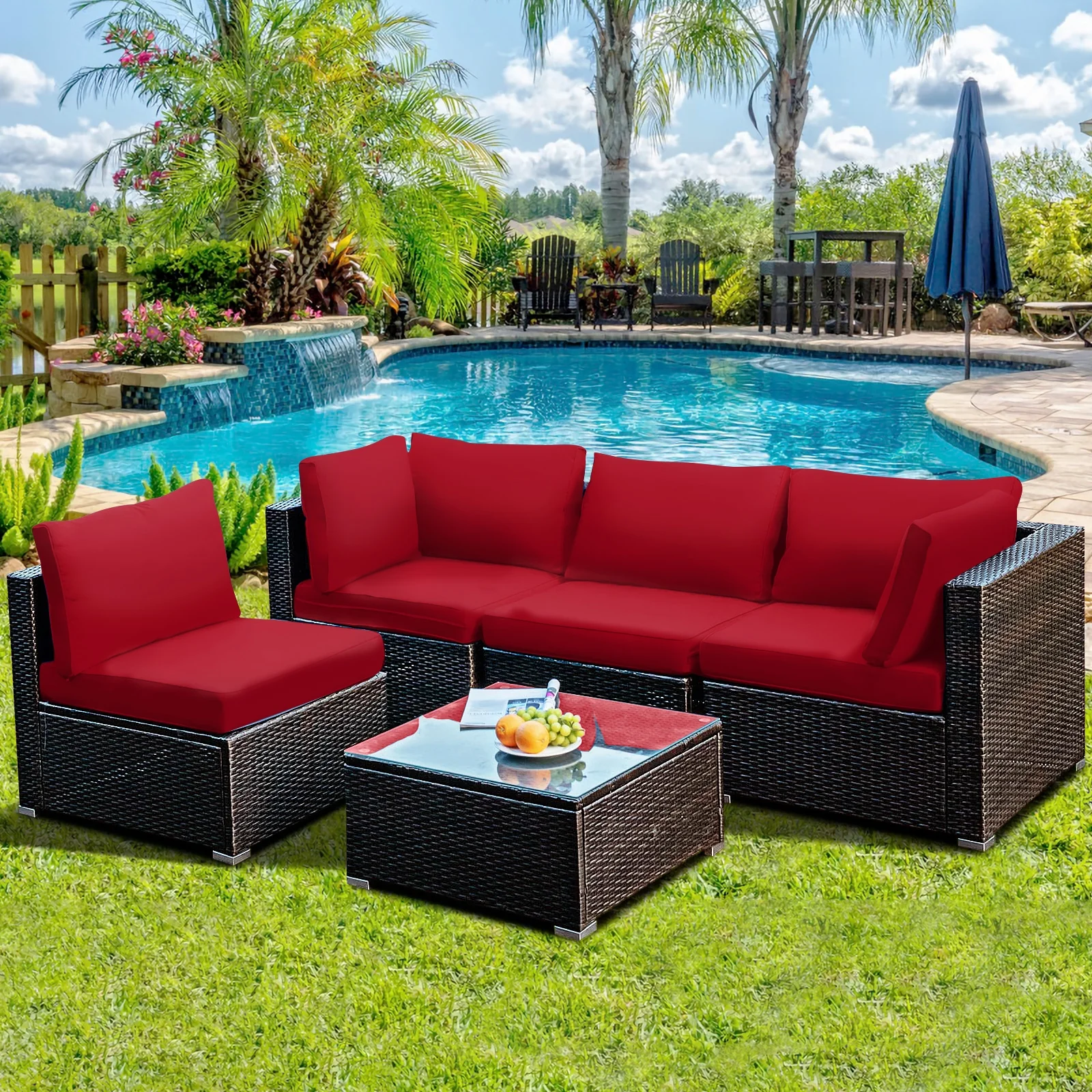 5 Piece Cushioned Patio Rattan Furniture Set, Glass Table, Red - Image 2