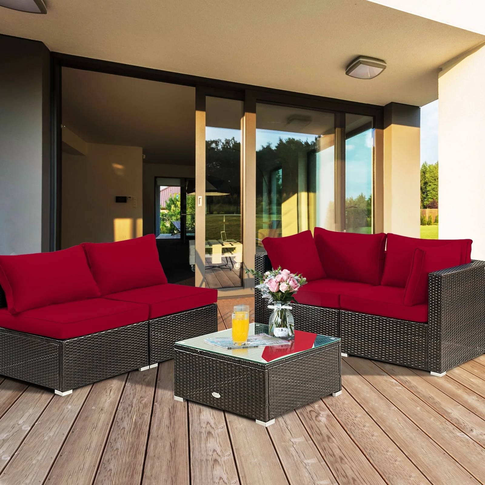 5 Piece Cushioned Patio Rattan Furniture Set, Glass Table, Red - Image 3