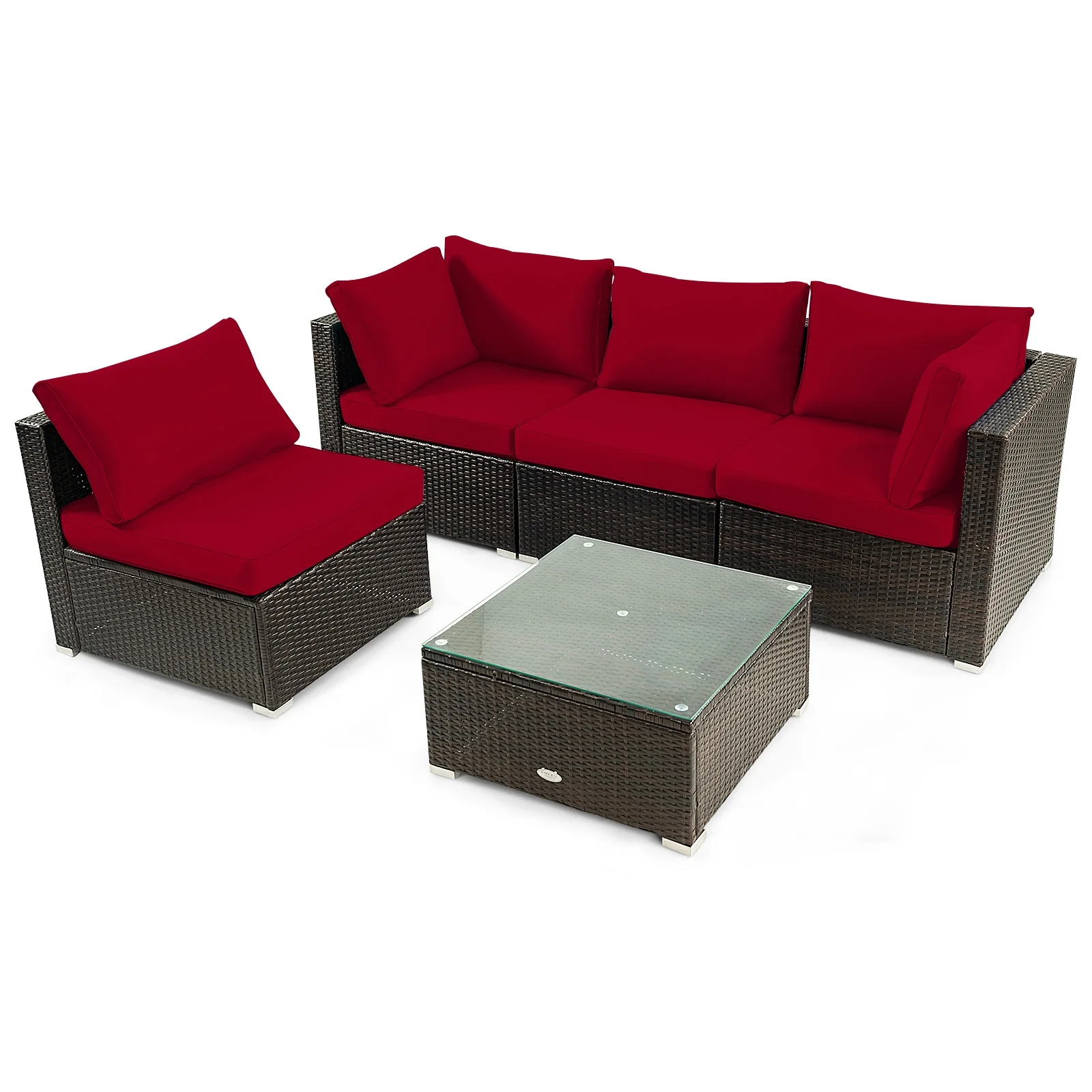 5 Piece Cushioned Patio Rattan Furniture Set, Glass Table, Red - Image 4