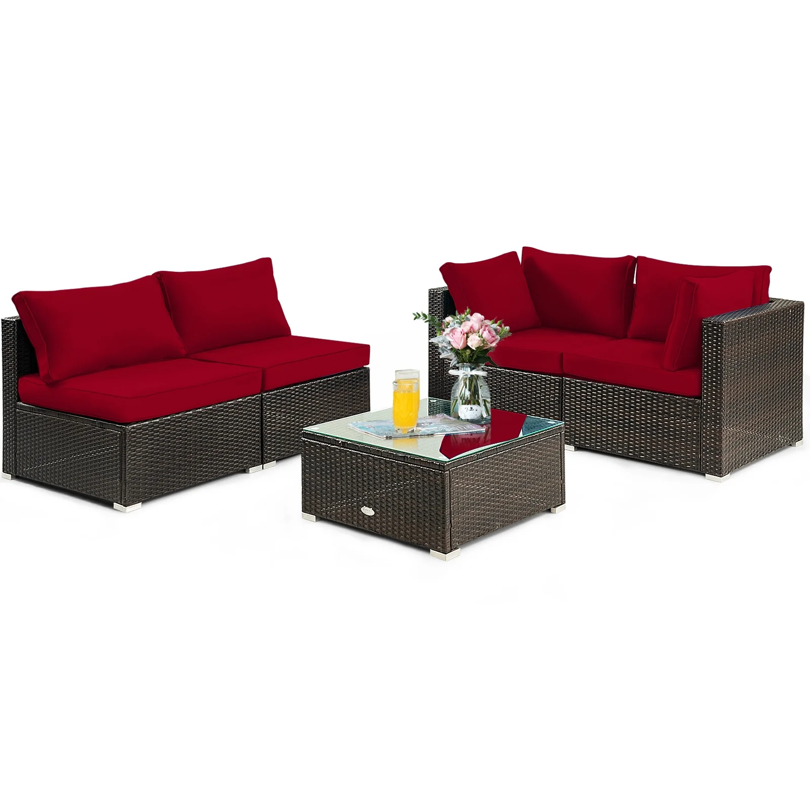 5 Piece Cushioned Patio Rattan Furniture Set, Glass Table, Red - Image 5