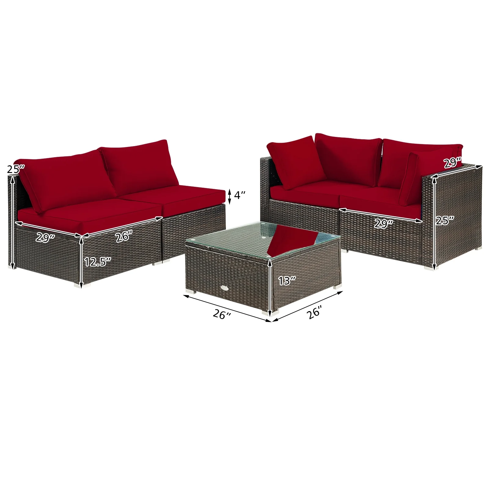 5 Piece Cushioned Patio Rattan Furniture Set, Glass Table, Red - Image 6