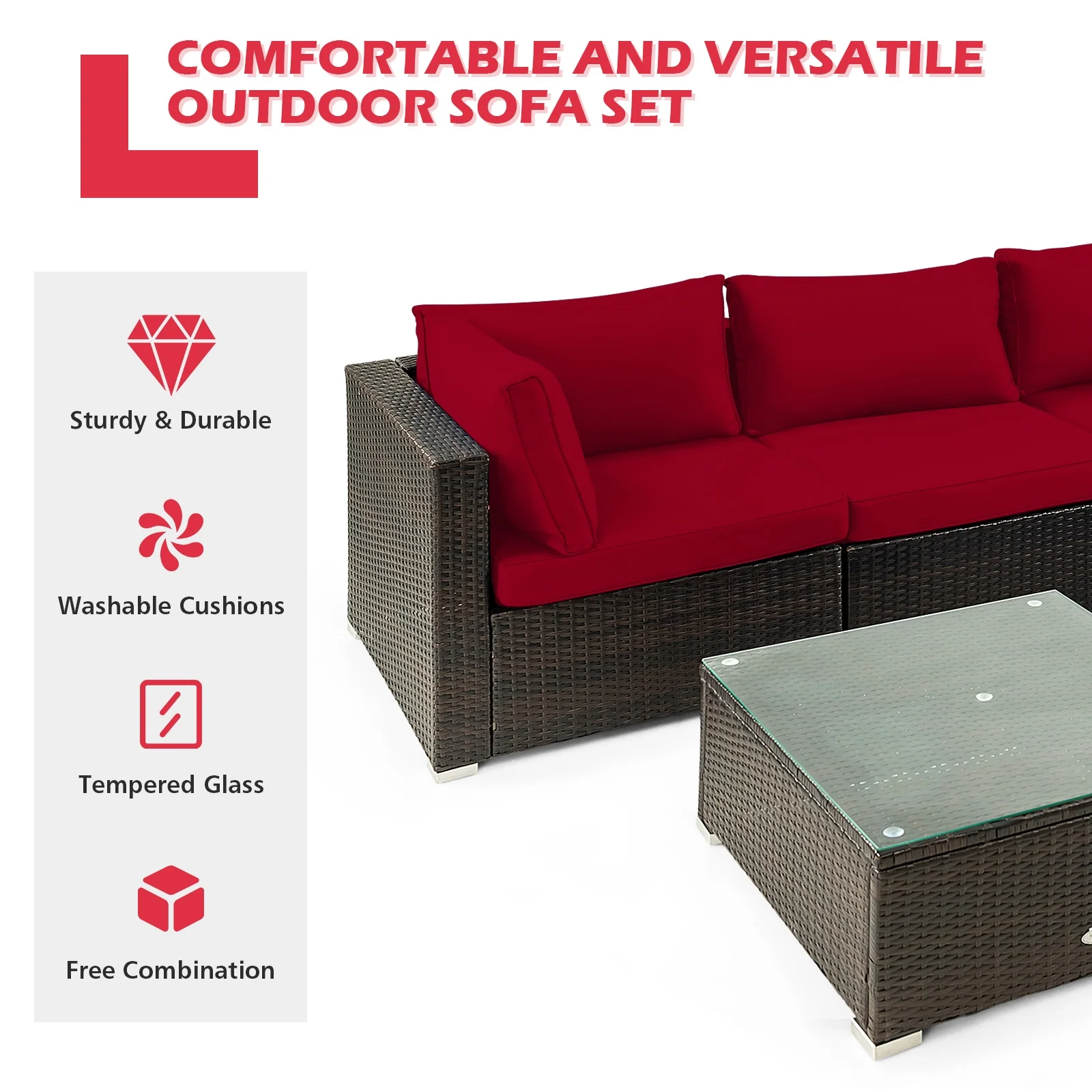5 Piece Cushioned Patio Rattan Furniture Set, Glass Table, Red - Image 7