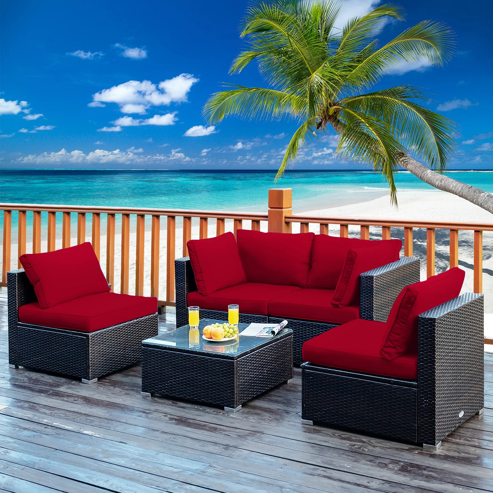 5 Piece Cushioned Patio Rattan Furniture Set, Glass Table, Red - Image 9