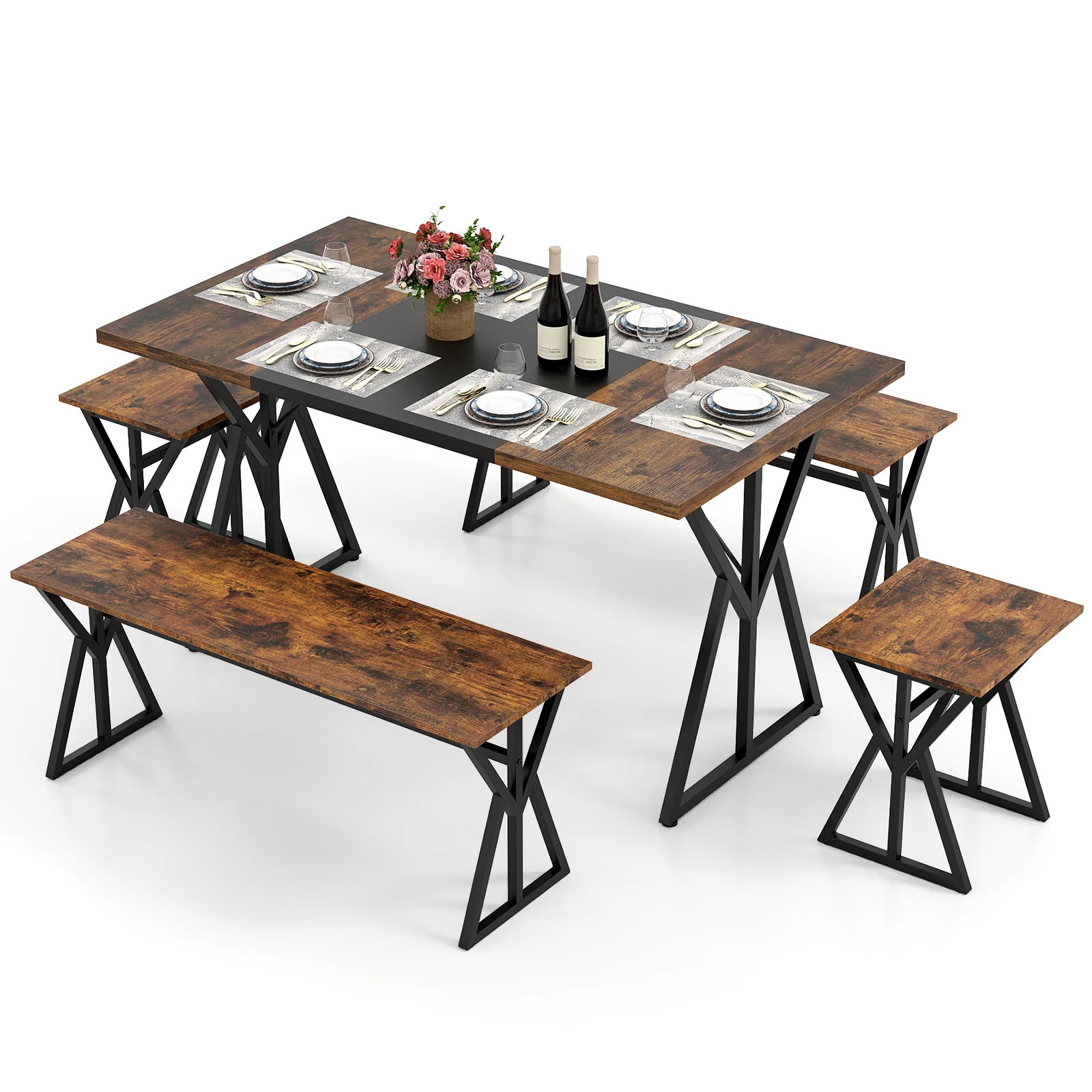 5-Piece Dining Room Set Industrial Rectangular Kitchen Table with 2 Benches and 2 Stools, Rustic Brown