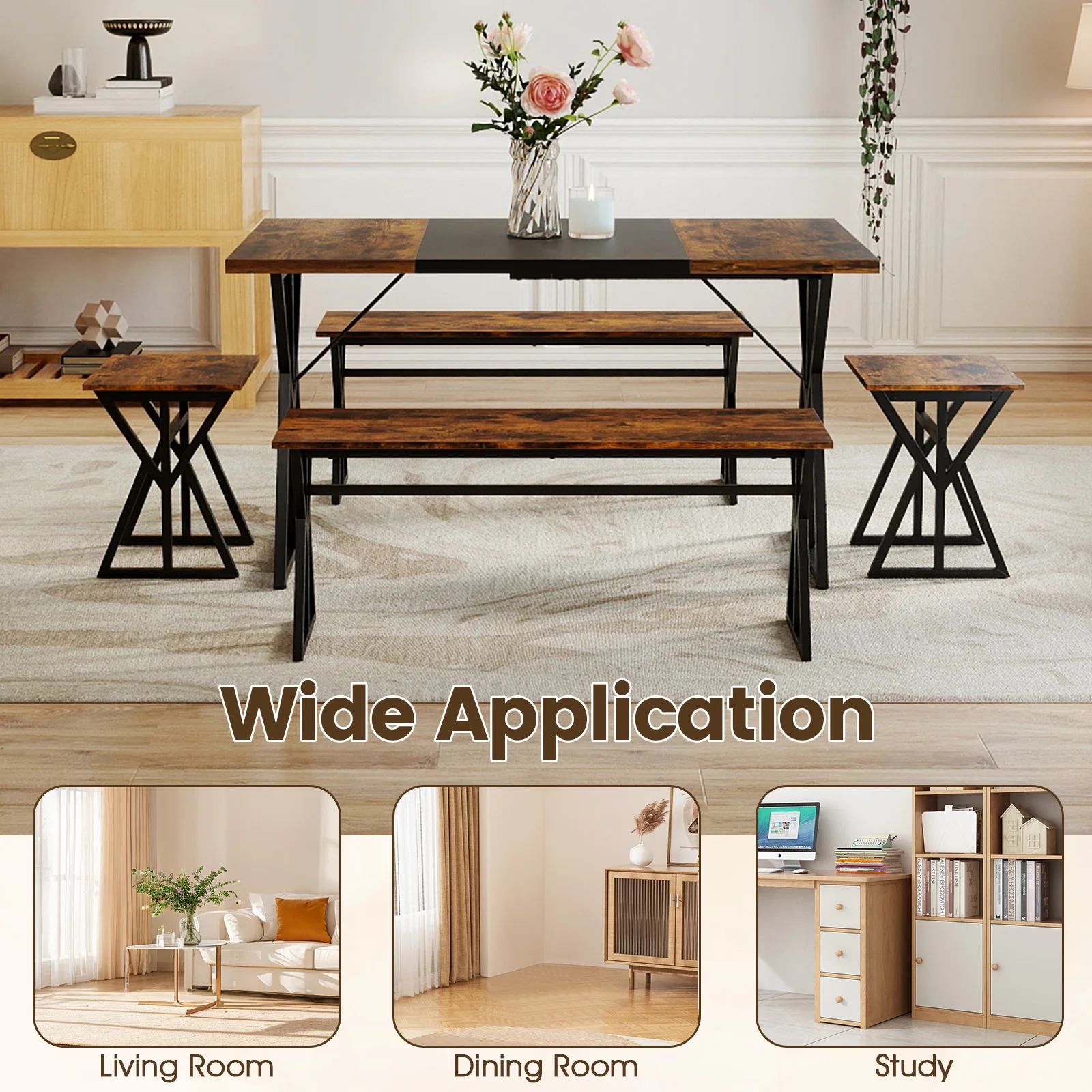 5-Piece Dining Room Set Industrial Rectangular Kitchen Table with 2 Benches and 2 Stools, Rustic Brown - Image 10