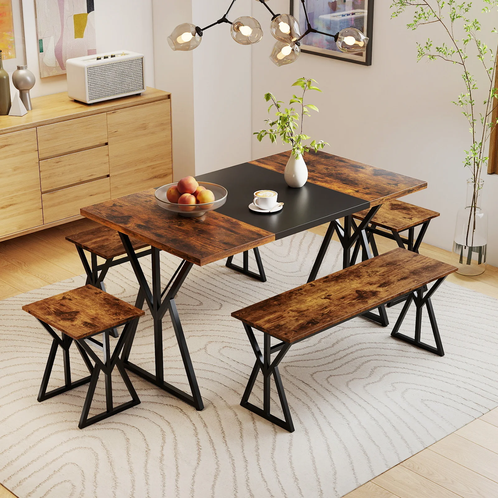 5-Piece Dining Room Set Industrial Rectangular Kitchen Table with 2 Benches and 2 Stools, Rustic Brown - Image 2