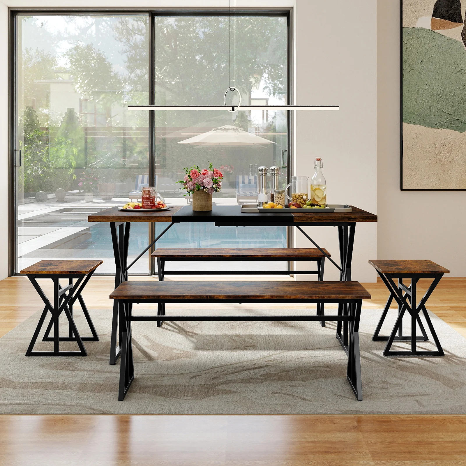 5-Piece Dining Room Set Industrial Rectangular Kitchen Table with 2 Benches and 2 Stools, Rustic Brown - Image 3