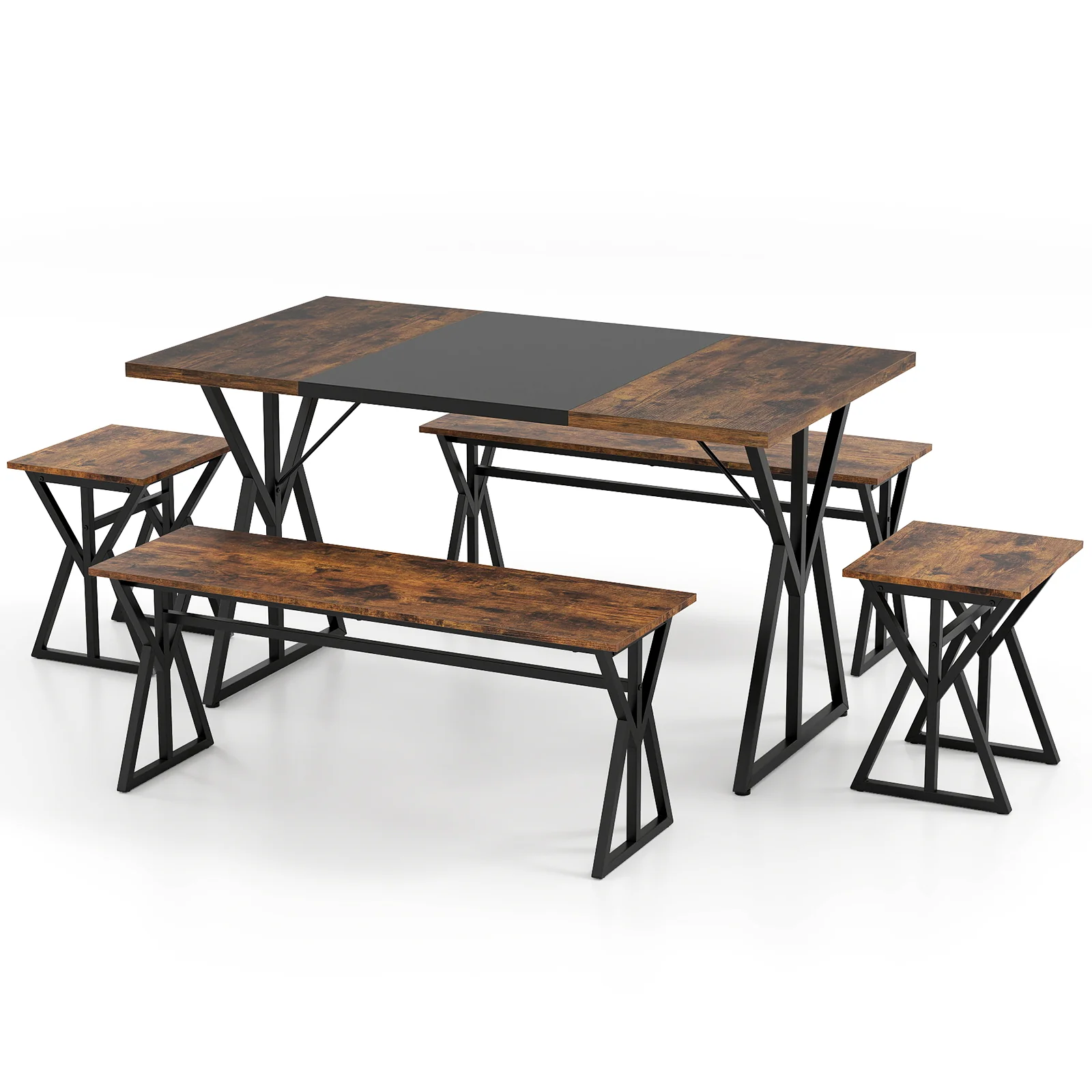 5-Piece Dining Room Set Industrial Rectangular Kitchen Table with 2 Benches and 2 Stools, Rustic Brown - Image 5