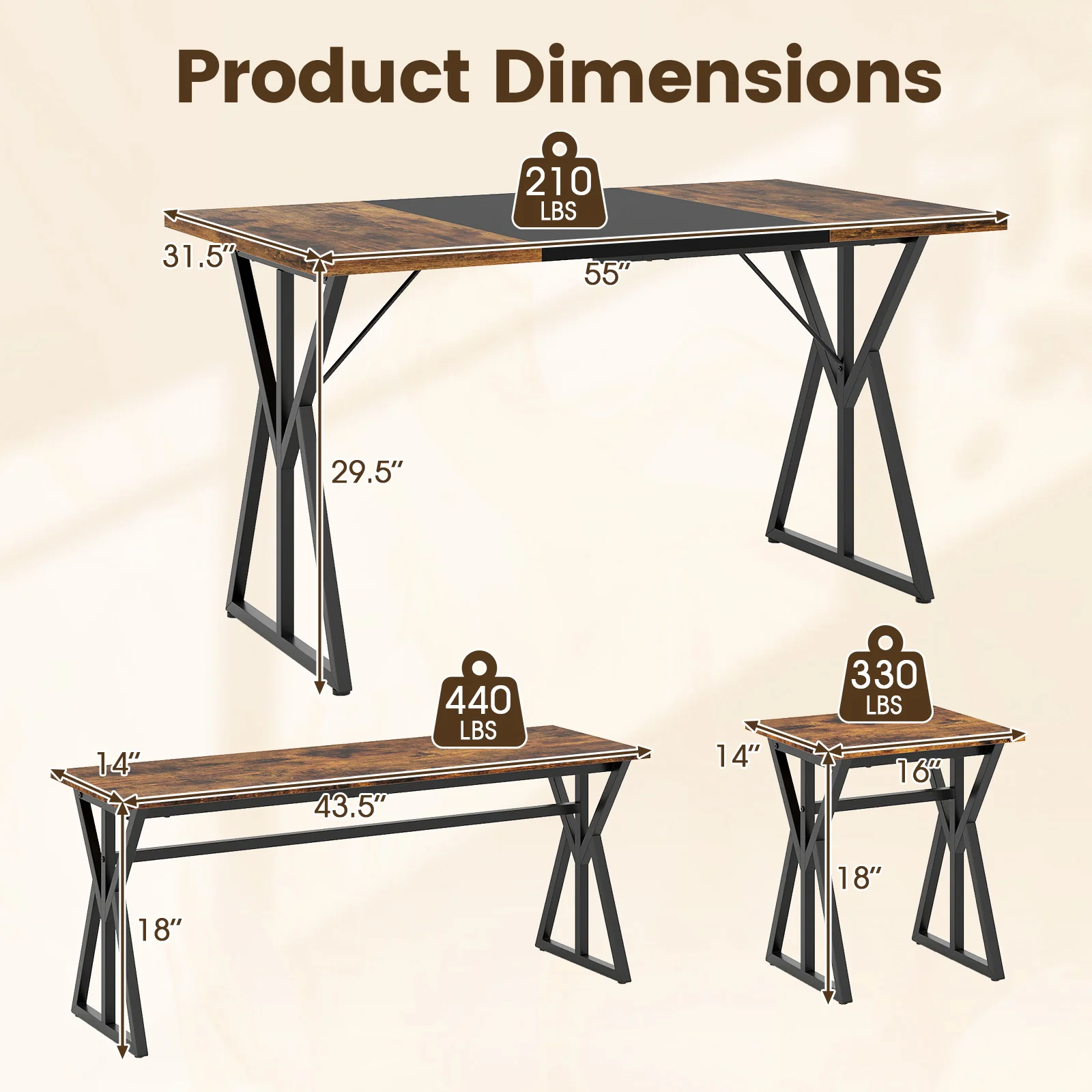 5-Piece Dining Room Set Industrial Rectangular Kitchen Table with 2 Benches and 2 Stools, Rustic Brown - Image 6