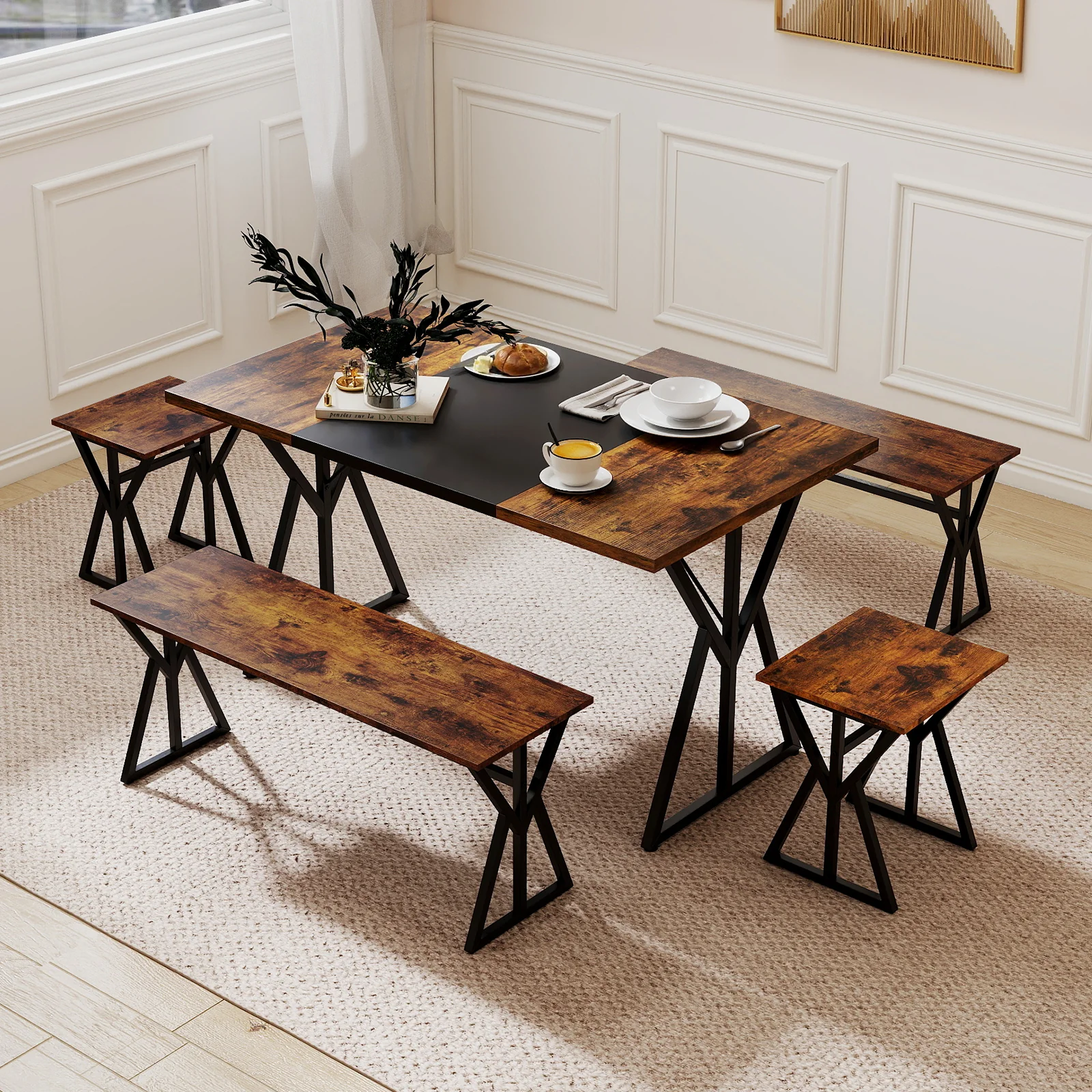 5-Piece Dining Room Set Industrial Rectangular Kitchen Table with 2 Benches and 2 Stools, Rustic Brown - Image 7