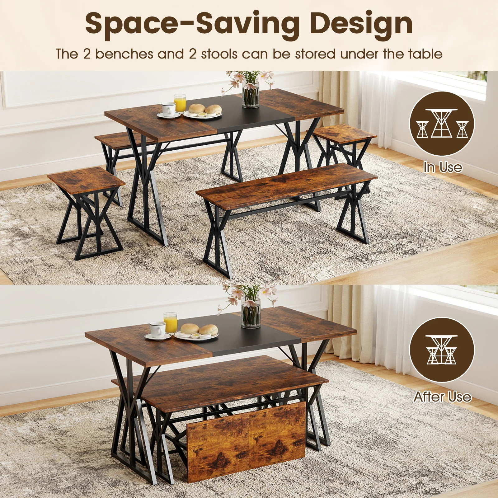5-Piece Dining Room Set Industrial Rectangular Kitchen Table with 2 Benches and 2 Stools, Rustic Brown - Image 8