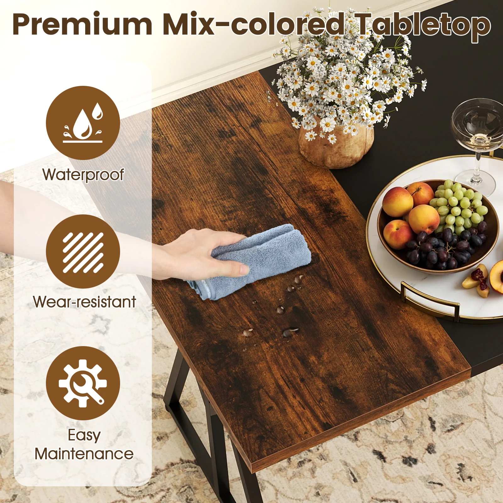 5-Piece Dining Room Set Industrial Rectangular Kitchen Table with 2 Benches and 2 Stools, Rustic Brown - Image 9