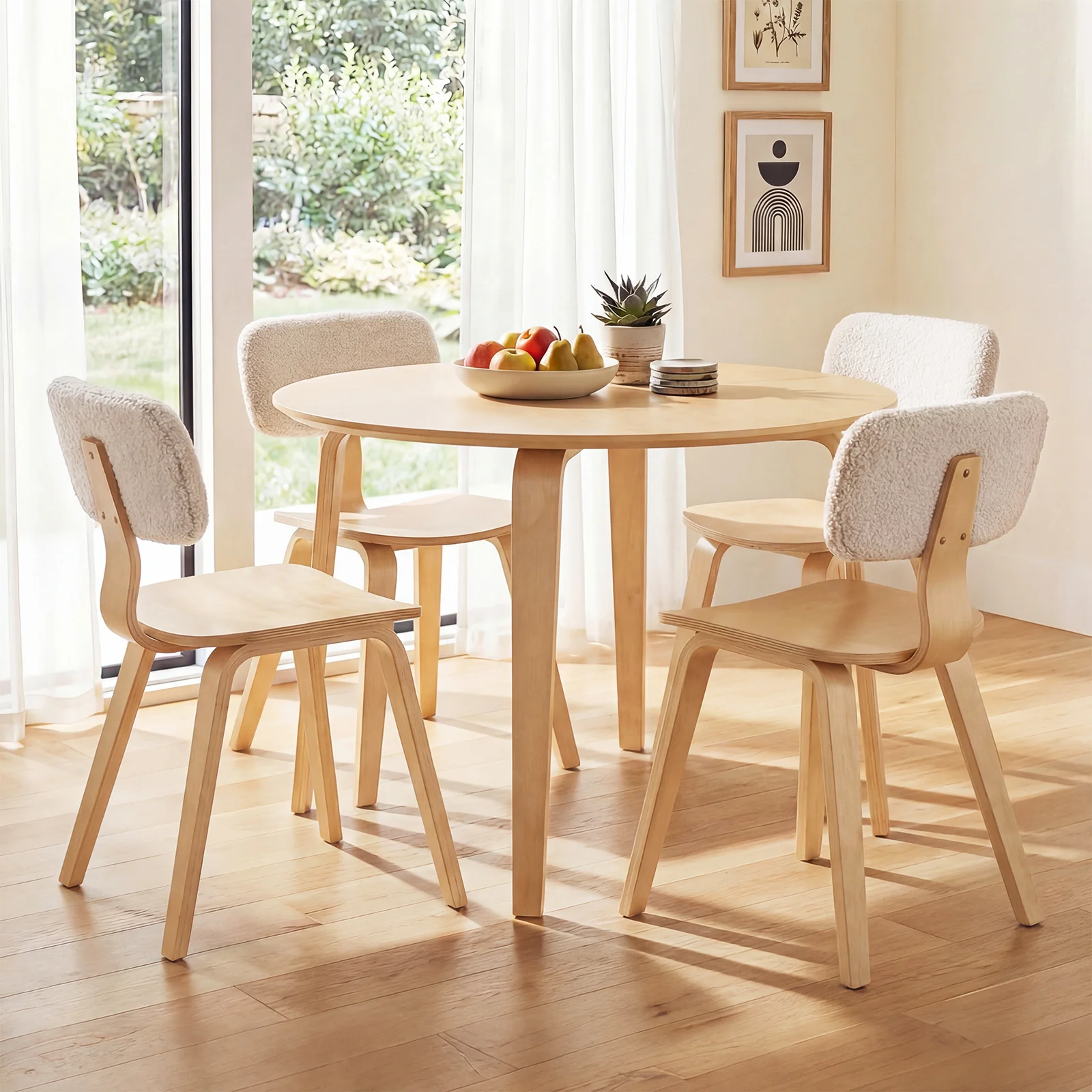 5 Piece Dining Set, 4 Padded Chairs, Rubber Wood Table, Natural - Image 2