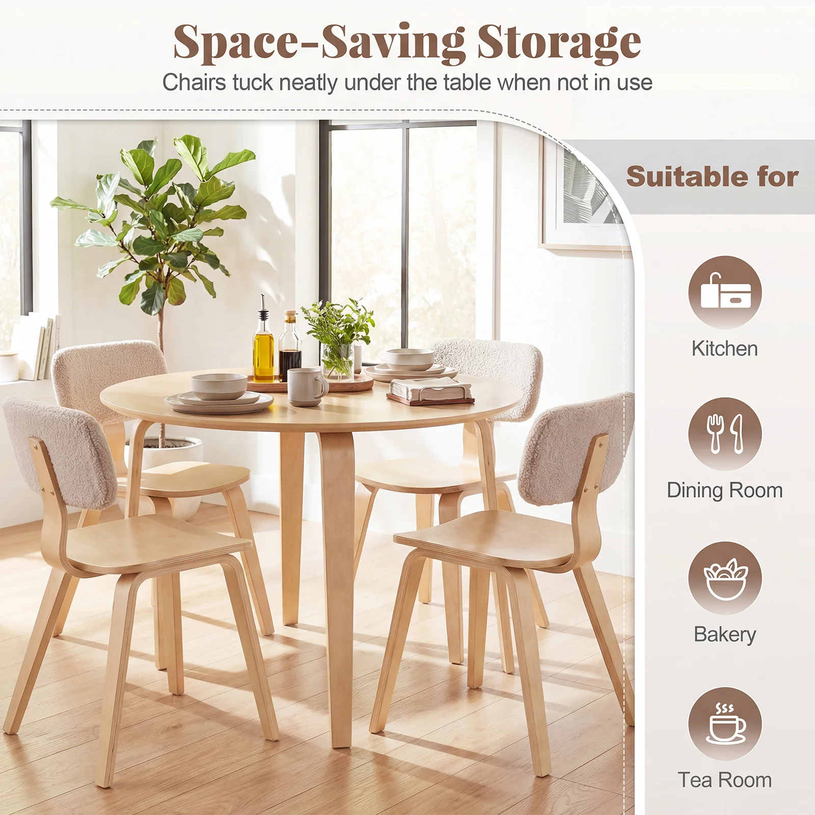 5 Piece Dining Set, 4 Padded Chairs, Rubber Wood Table, Natural - Image 6
