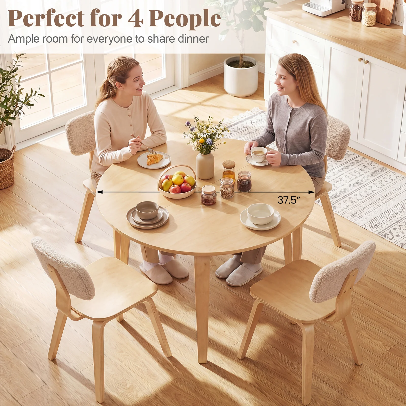 5 Piece Dining Set, 4 Padded Chairs, Rubber Wood Table, Natural - Image 7