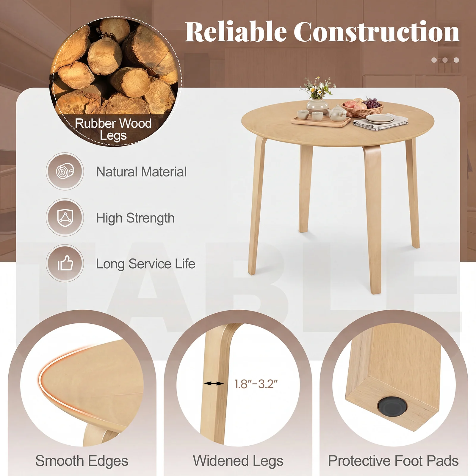 5 Piece Dining Set, 4 Padded Chairs, Rubber Wood Table, Natural - Image 8