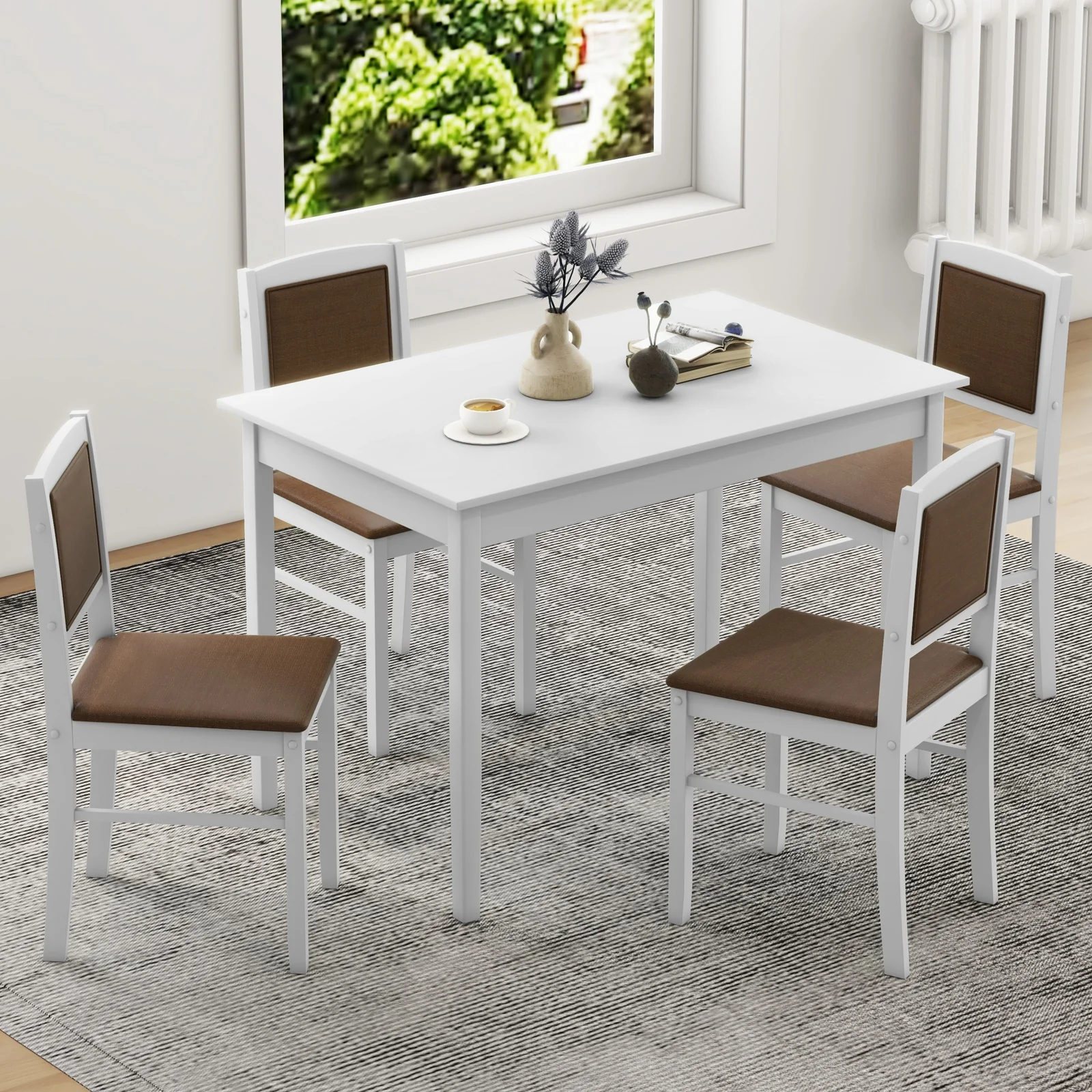 5-Piece Dining Set For 4, Rubber Wood Legs, White - Image 2